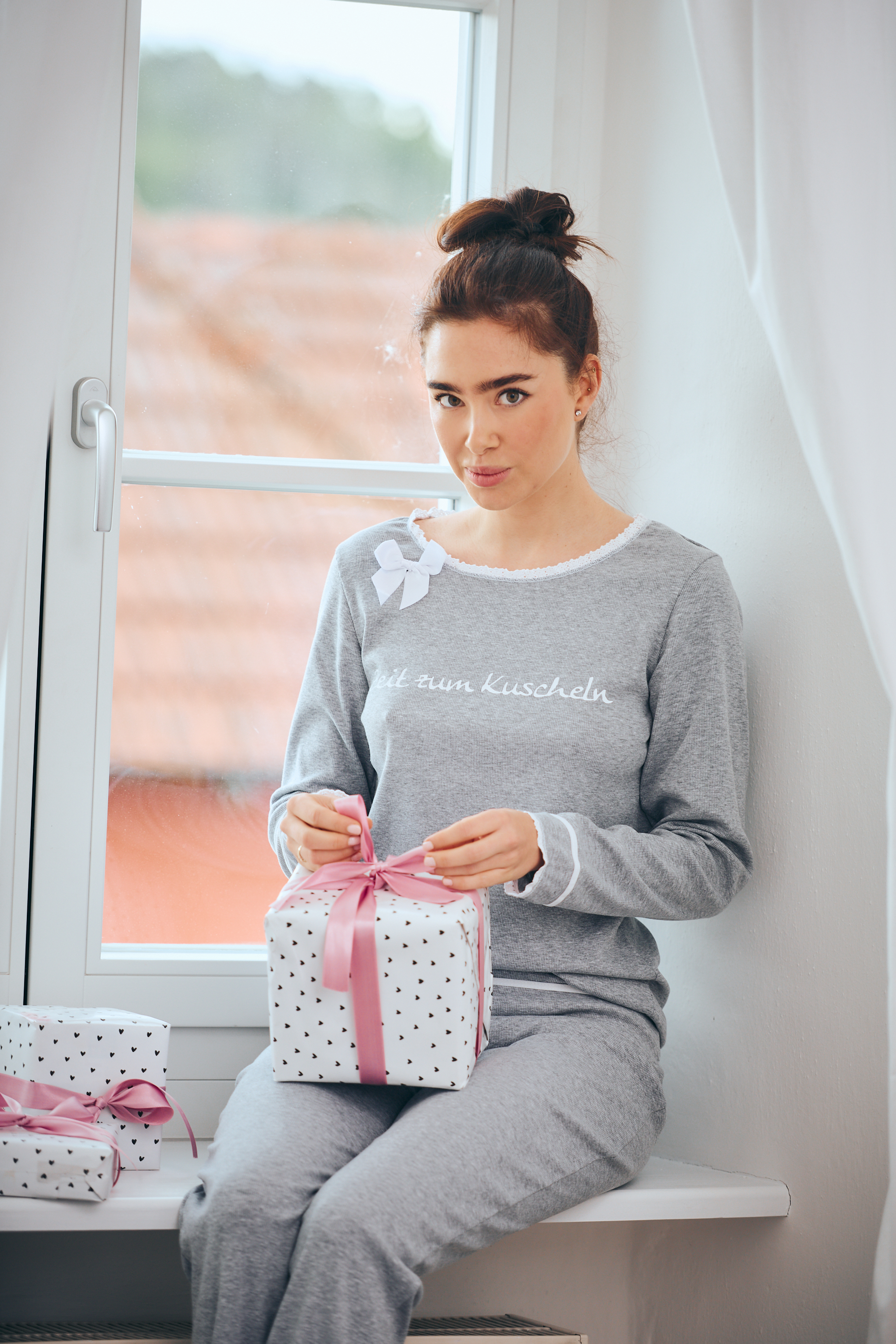 Pyjama Damen Rippe "Zeit zum Kuscheln", grau