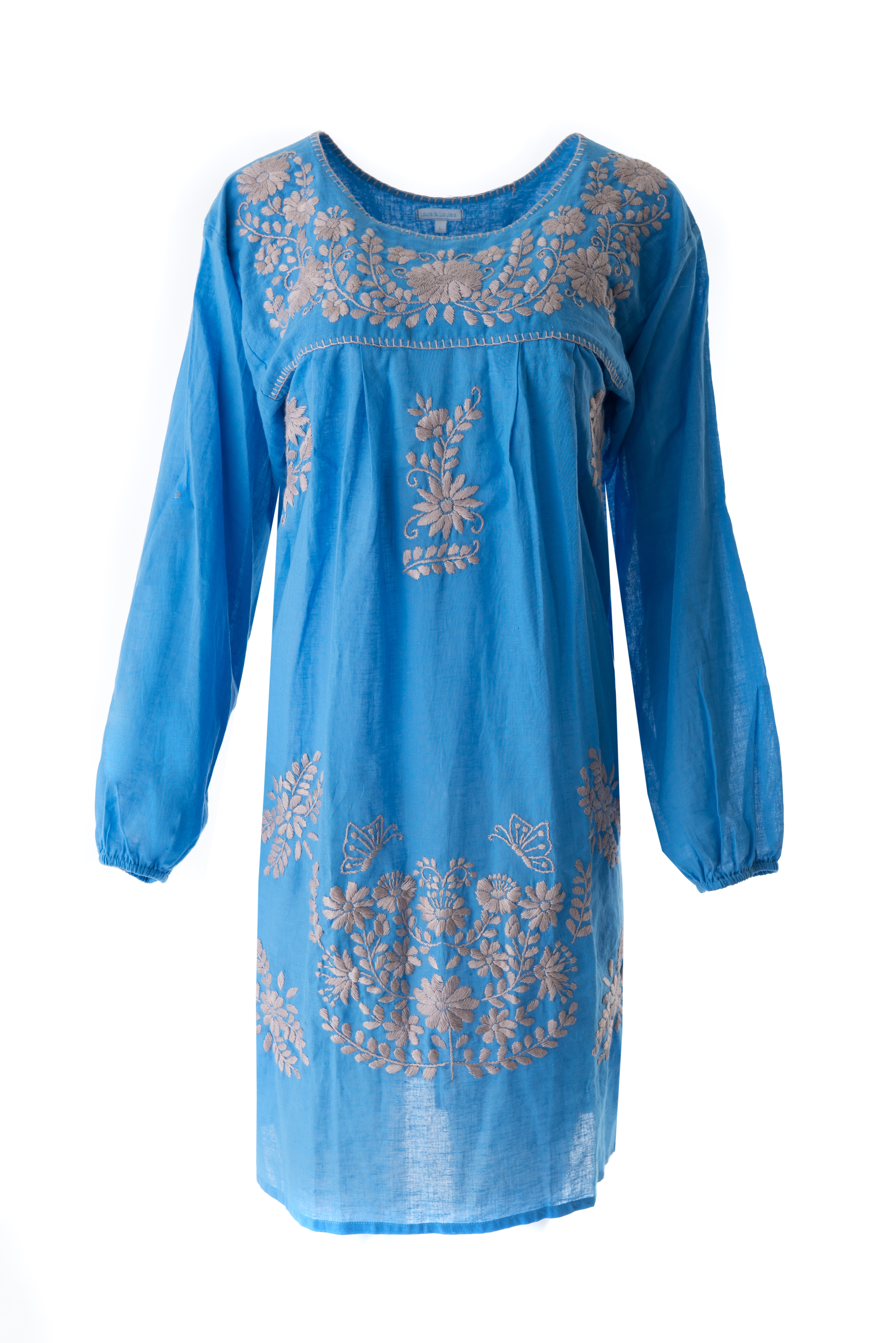 DSC_8656 Tunika handbestickt, Damen, blau / beige, langarm