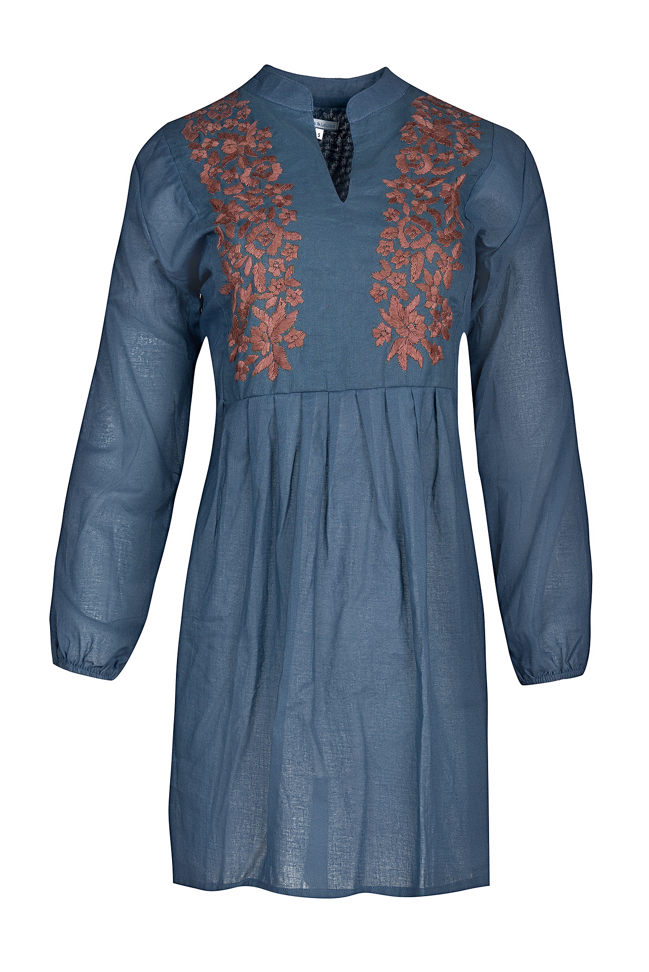 Tunika handbestickt V-Schnitt, Damen, taubenblau  / braun