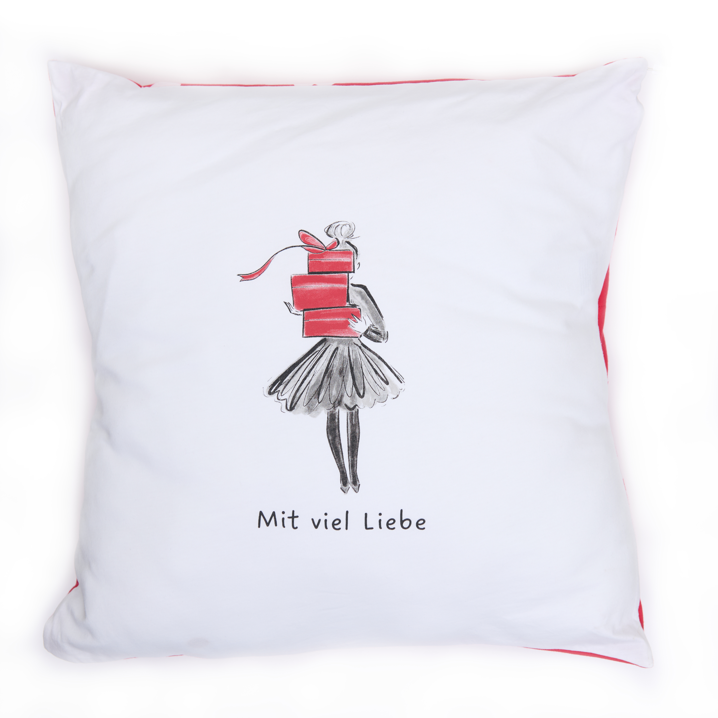 Kissenhülle "Geschenke", weiß / Herzen allover