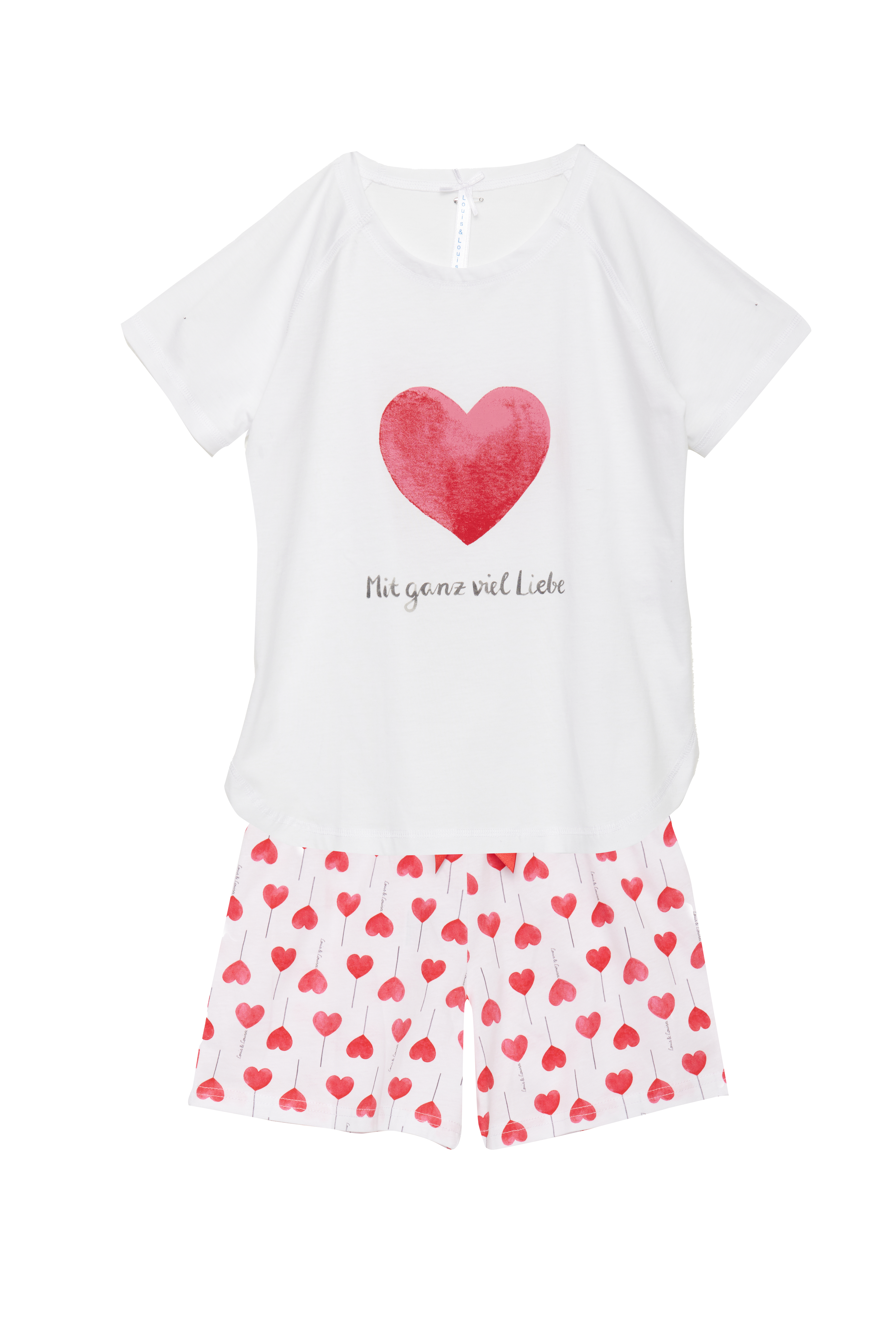 Short Set Kinder Basic "Mit viel Liebe", weiß / Herz allover