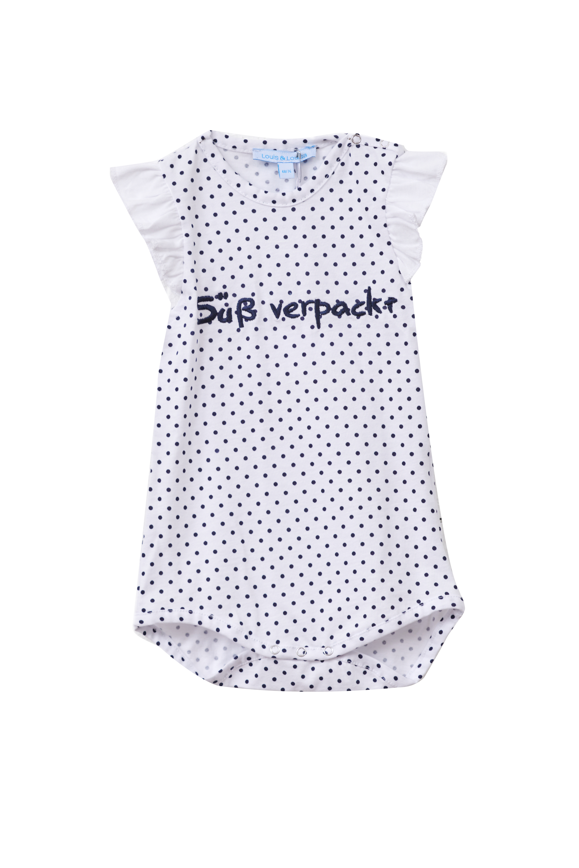 Body Baby Rüsche "Süß verpackt", weiß-blau Pünktchen