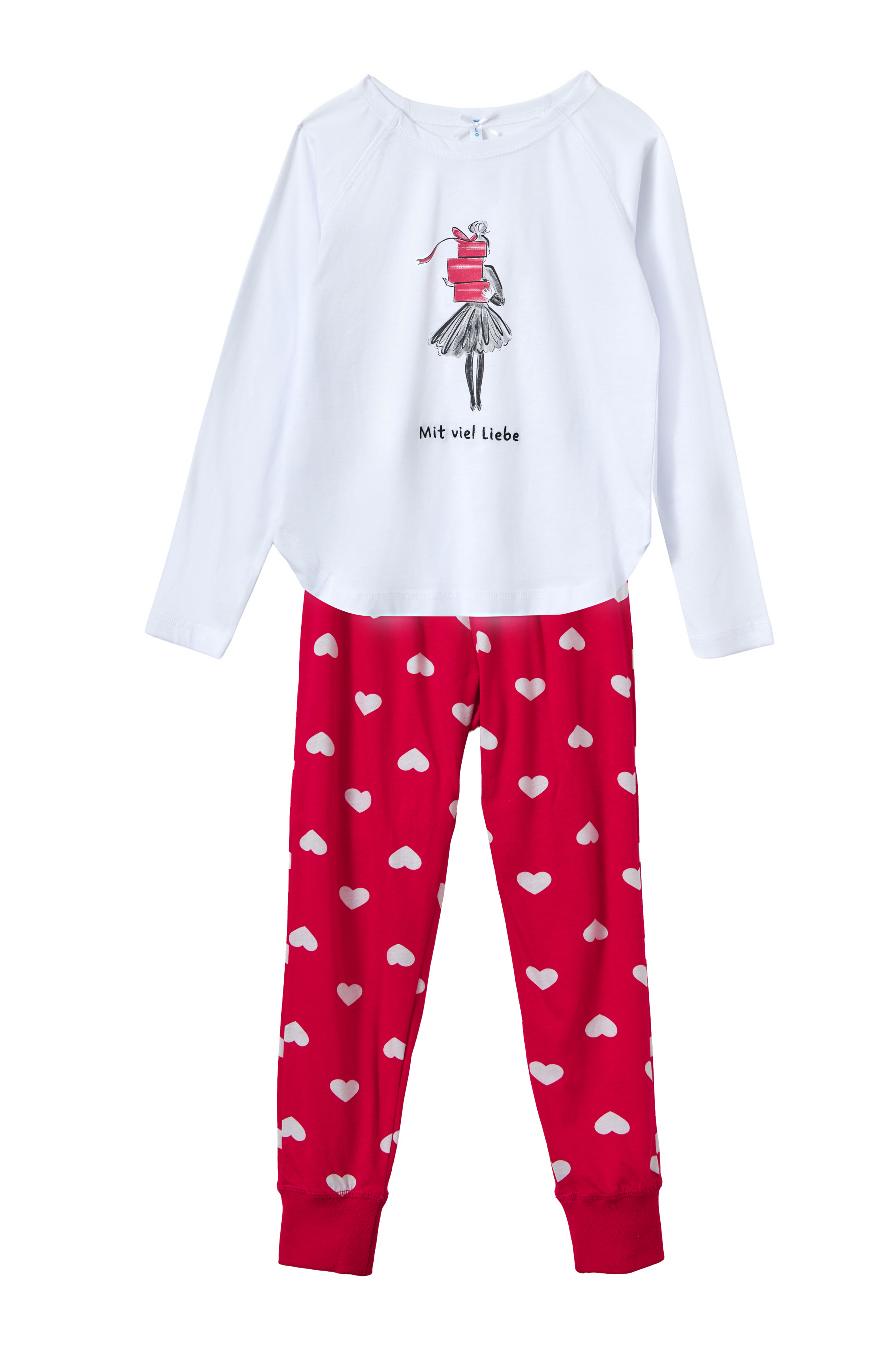 Pyjama Bündchen Kinder "Geschenke", weiß / Herz allover