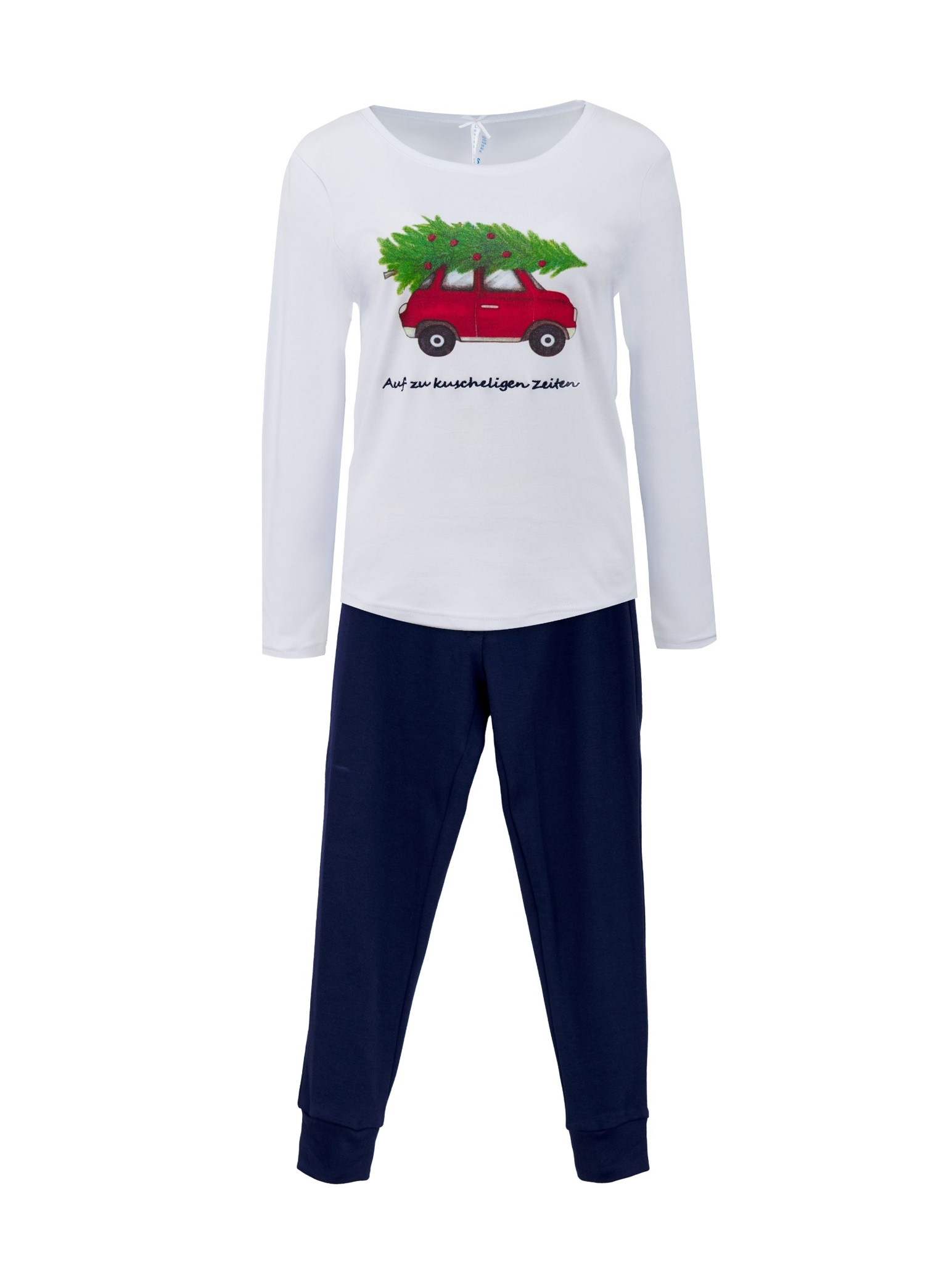 Pyjama Kinder Bündchen "Kuschelige Zeiten" Auto-Aufdruck, weiß/dunkelblau