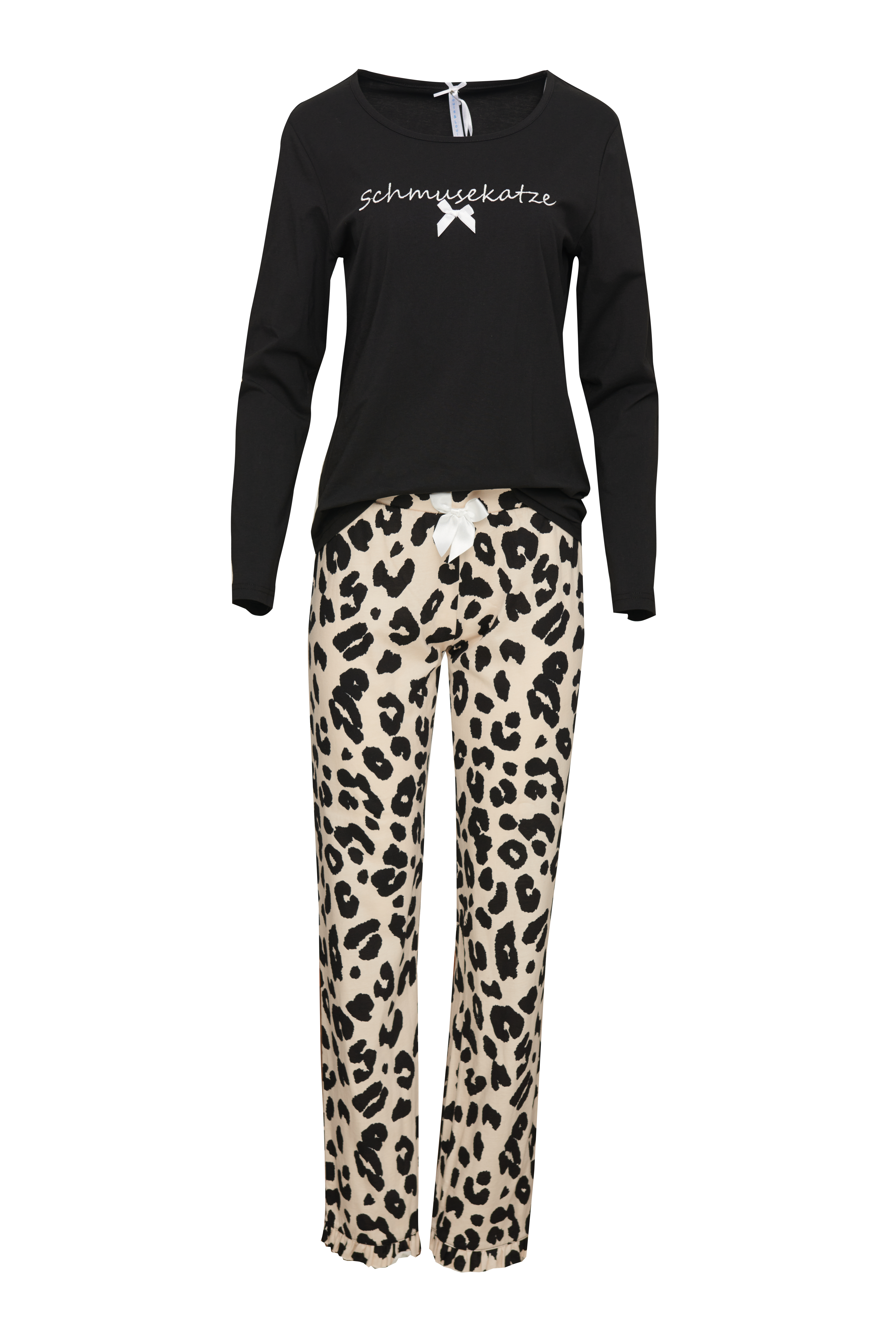 Pyjama Damen Basic "Schmusekatze", schwarz / leo allover