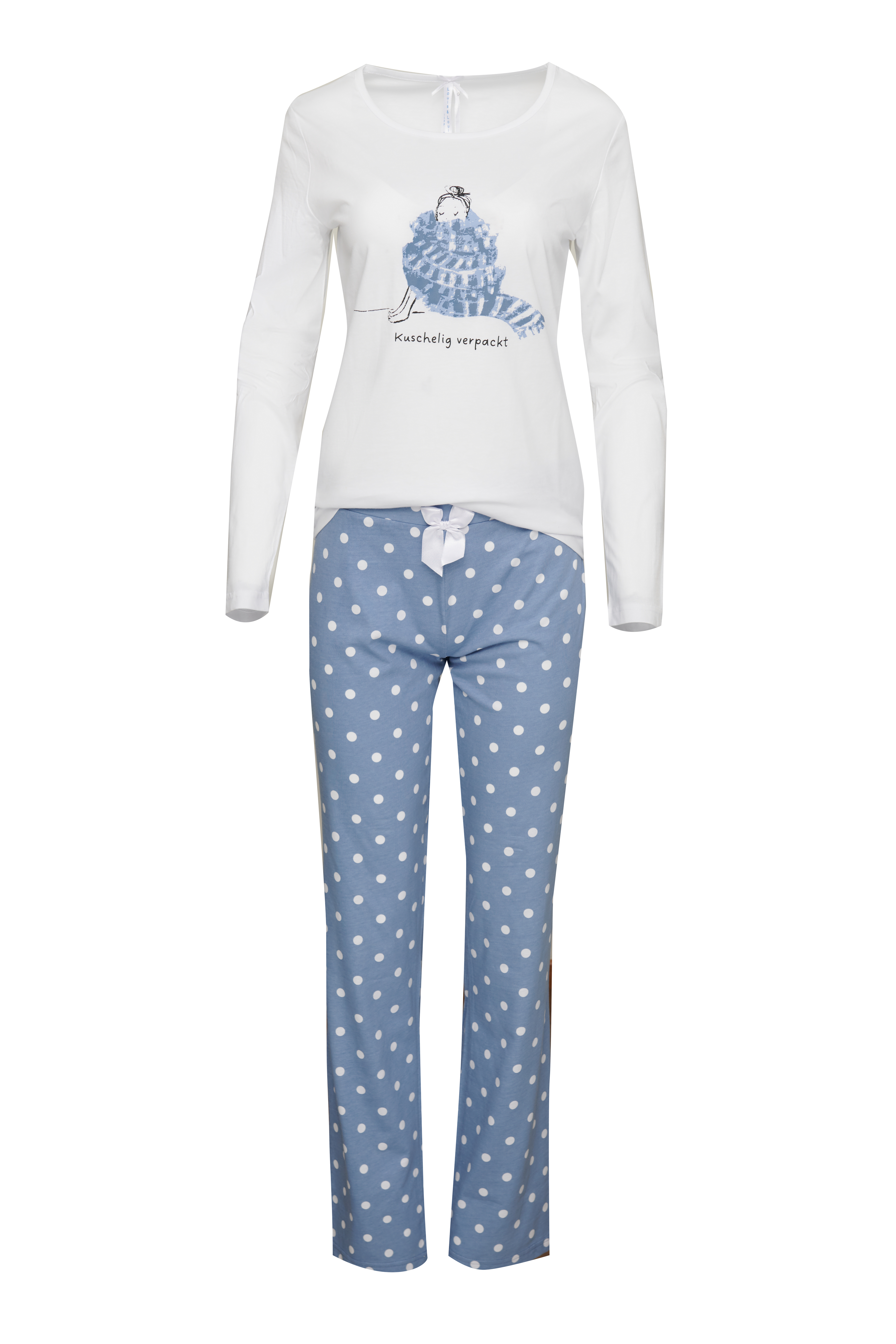 Pyjama Basic Damen "Mädchen mit Schal", weiß / blau allover
