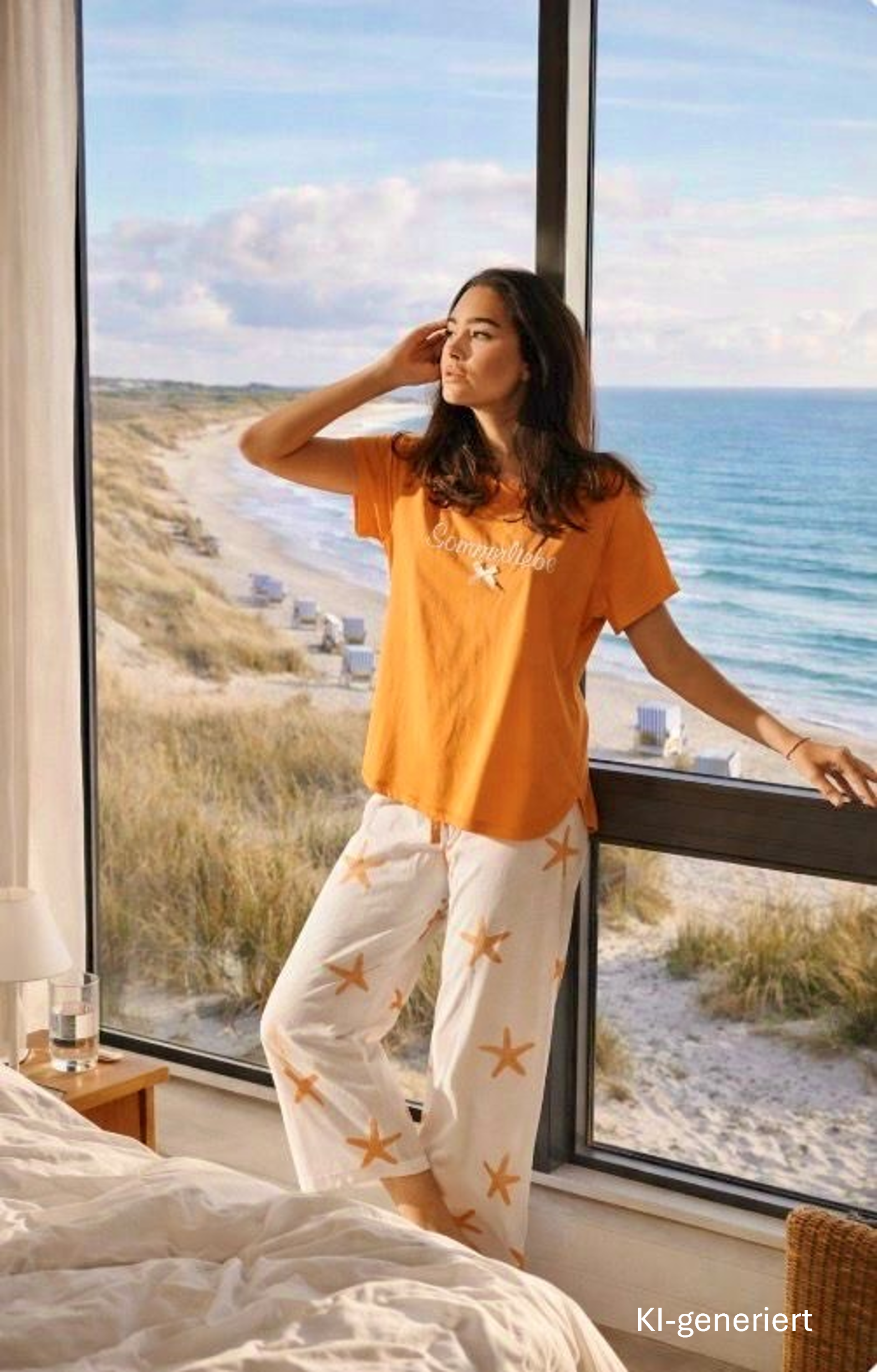Pyjama Capri  Damen "Sommerliebe", orange / Seestern allover