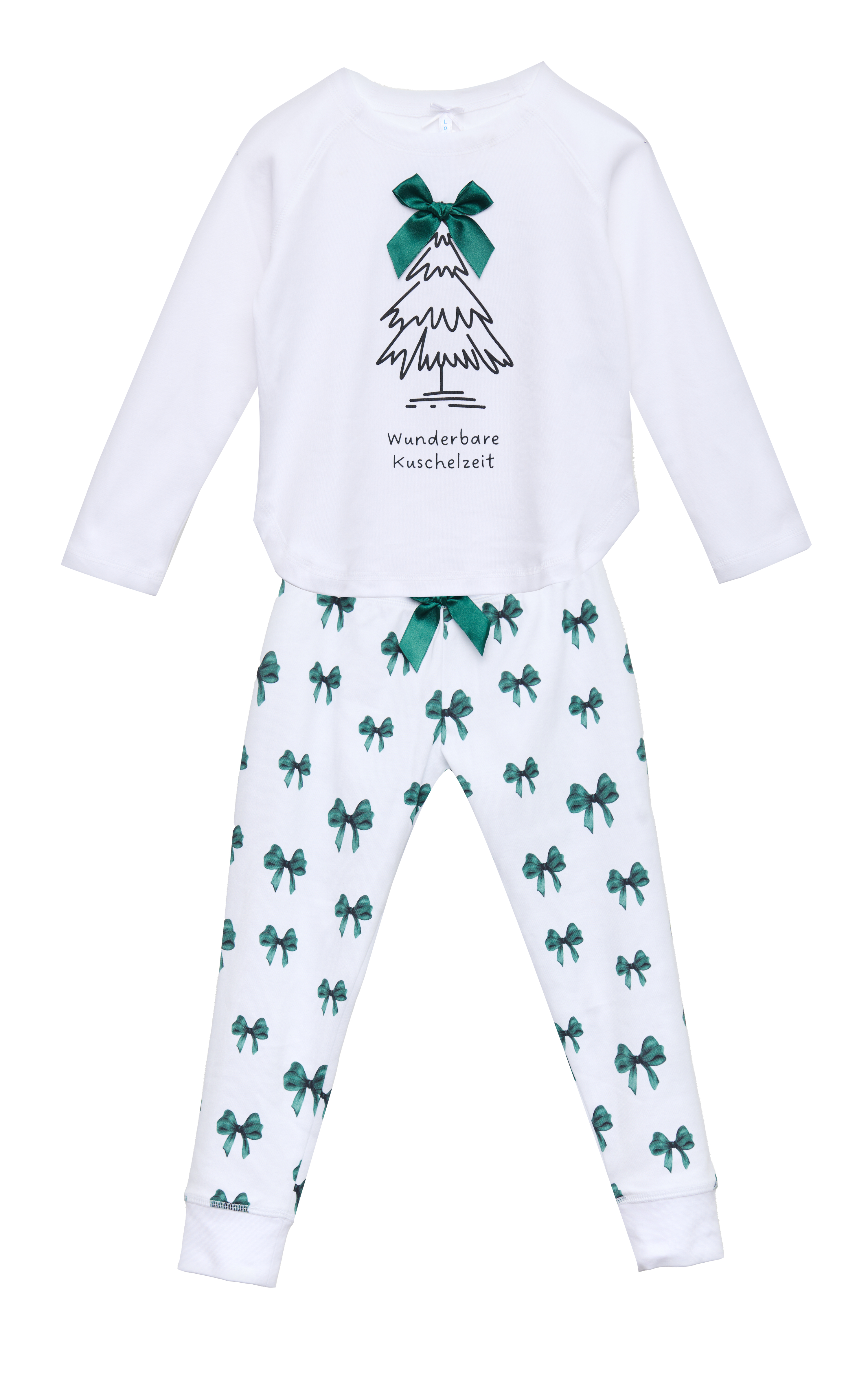 Pyjama Bündchen Kinder "Kuschelig verpackt", weiß / Schleifen allover