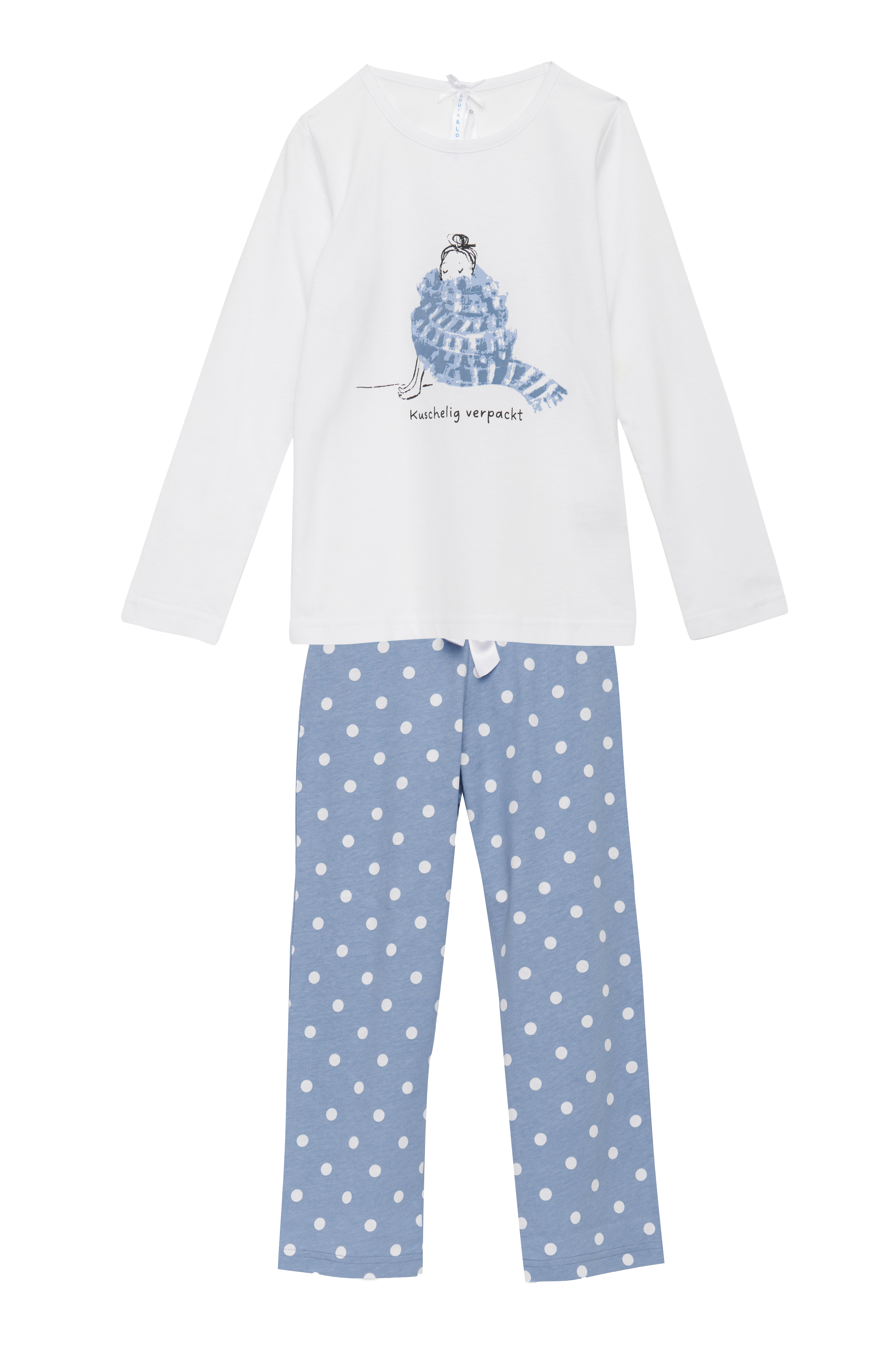 Pyjama Kinder Basic "Mädchen mit Schal", weiß / blau allover