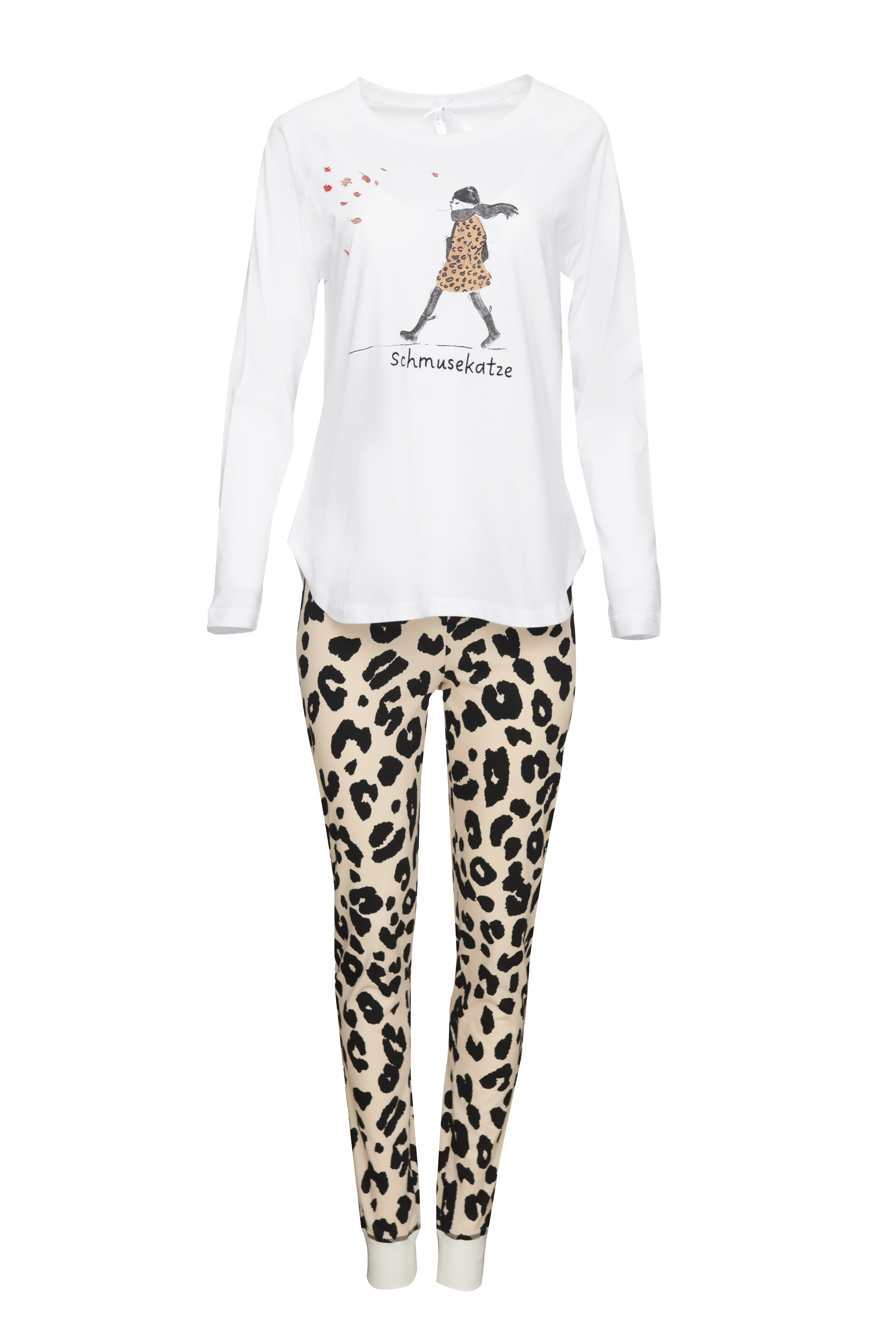Pyjama Damen Bündchen "Leo-Mädchen",  weiß / leo allover