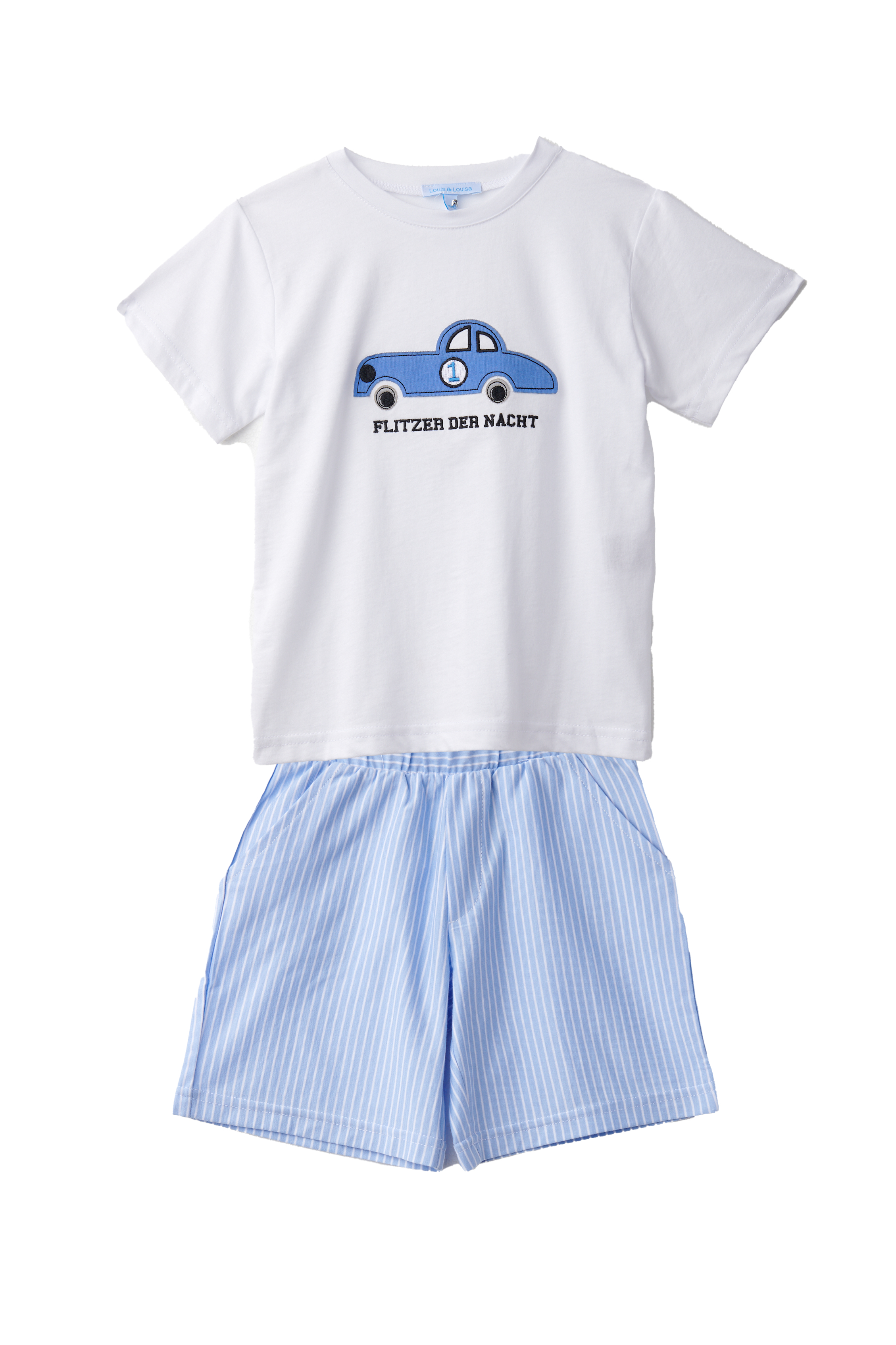 Short-Set Jungs "Auto", weiß / blau gestreift