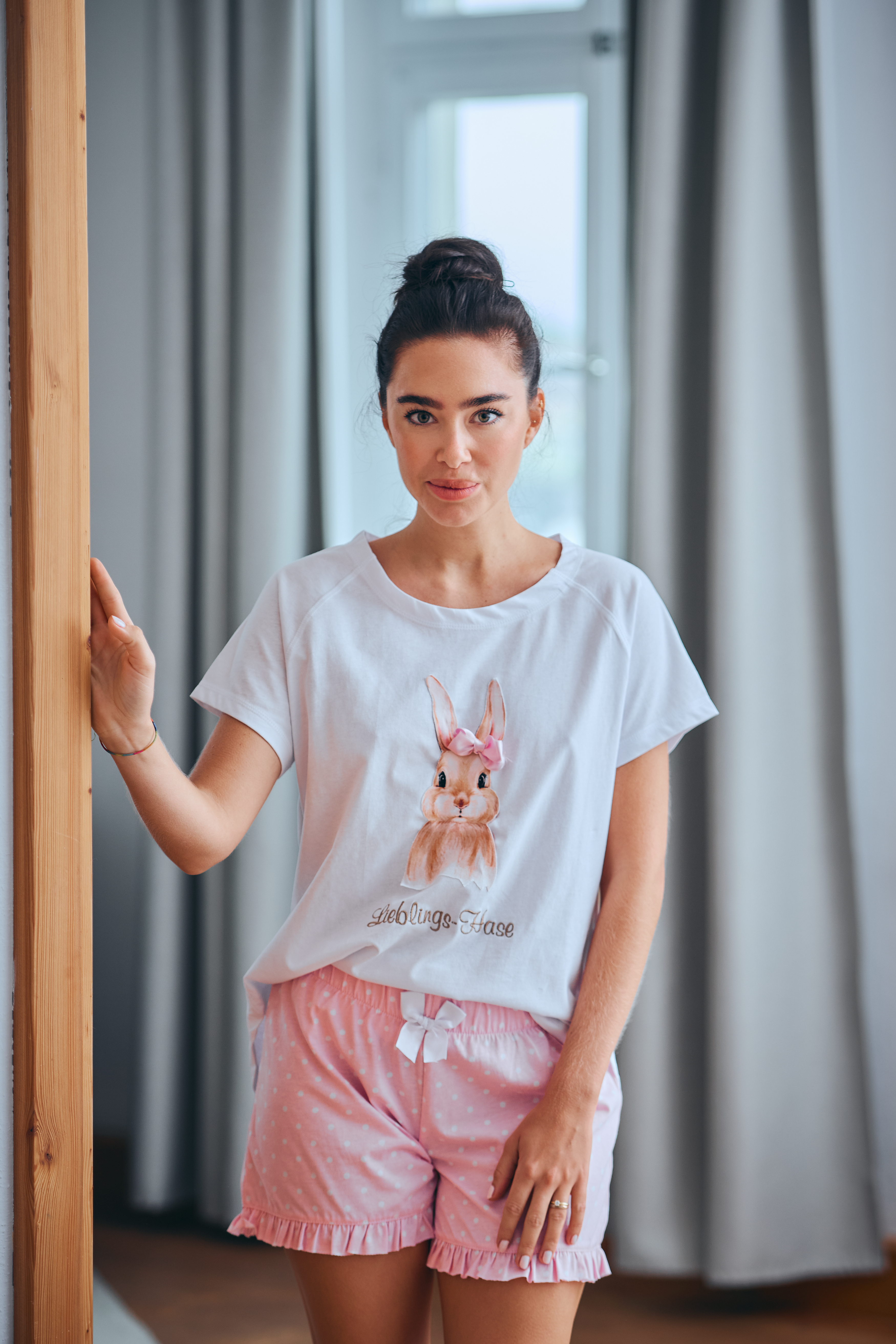 Short Set Damen "Hase", weiß / rosa allover