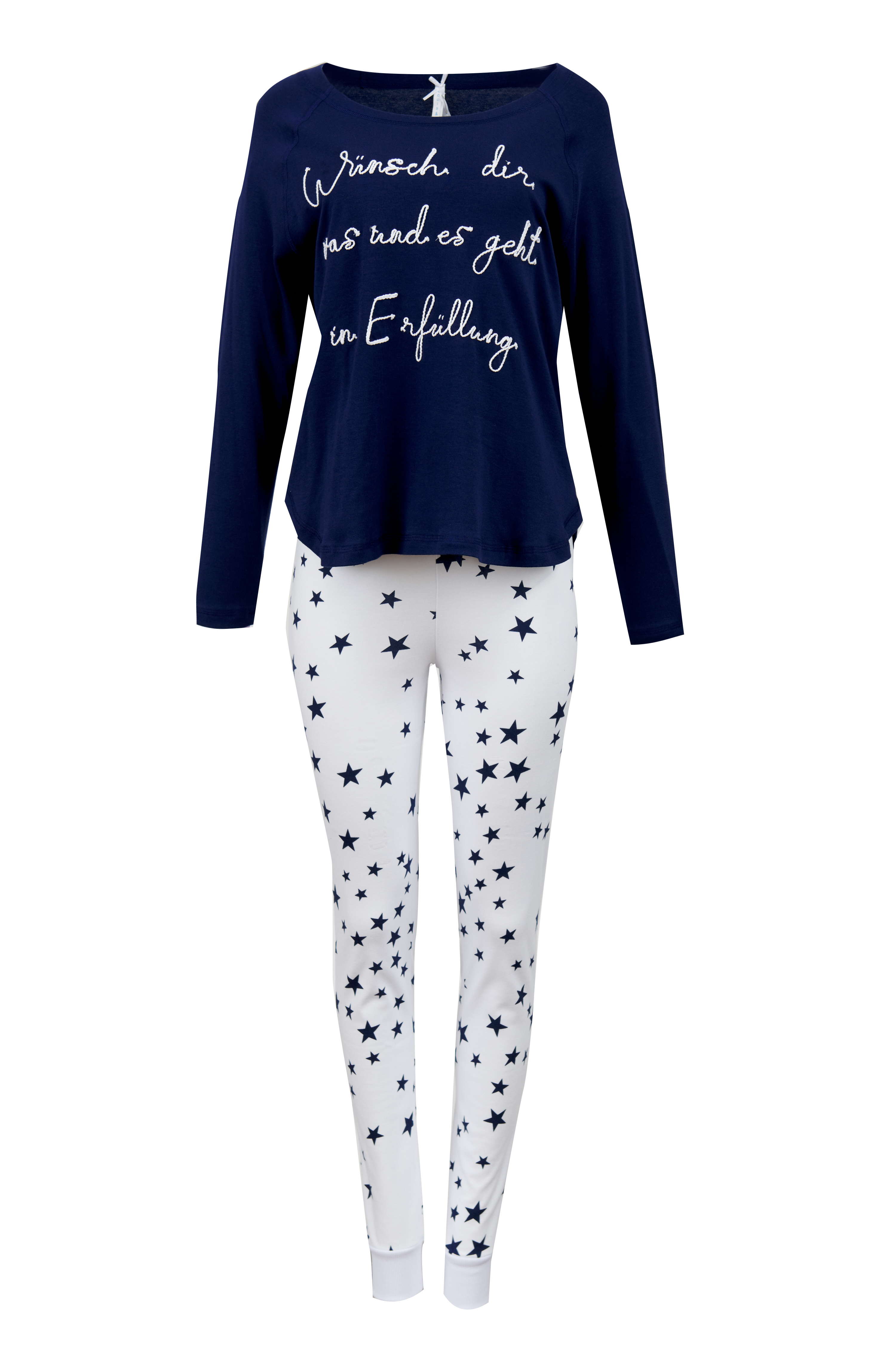 230223_LL51810 Pyjama Damen Bündchen "Wünsch dir was", dunkelblau/ weiß allover