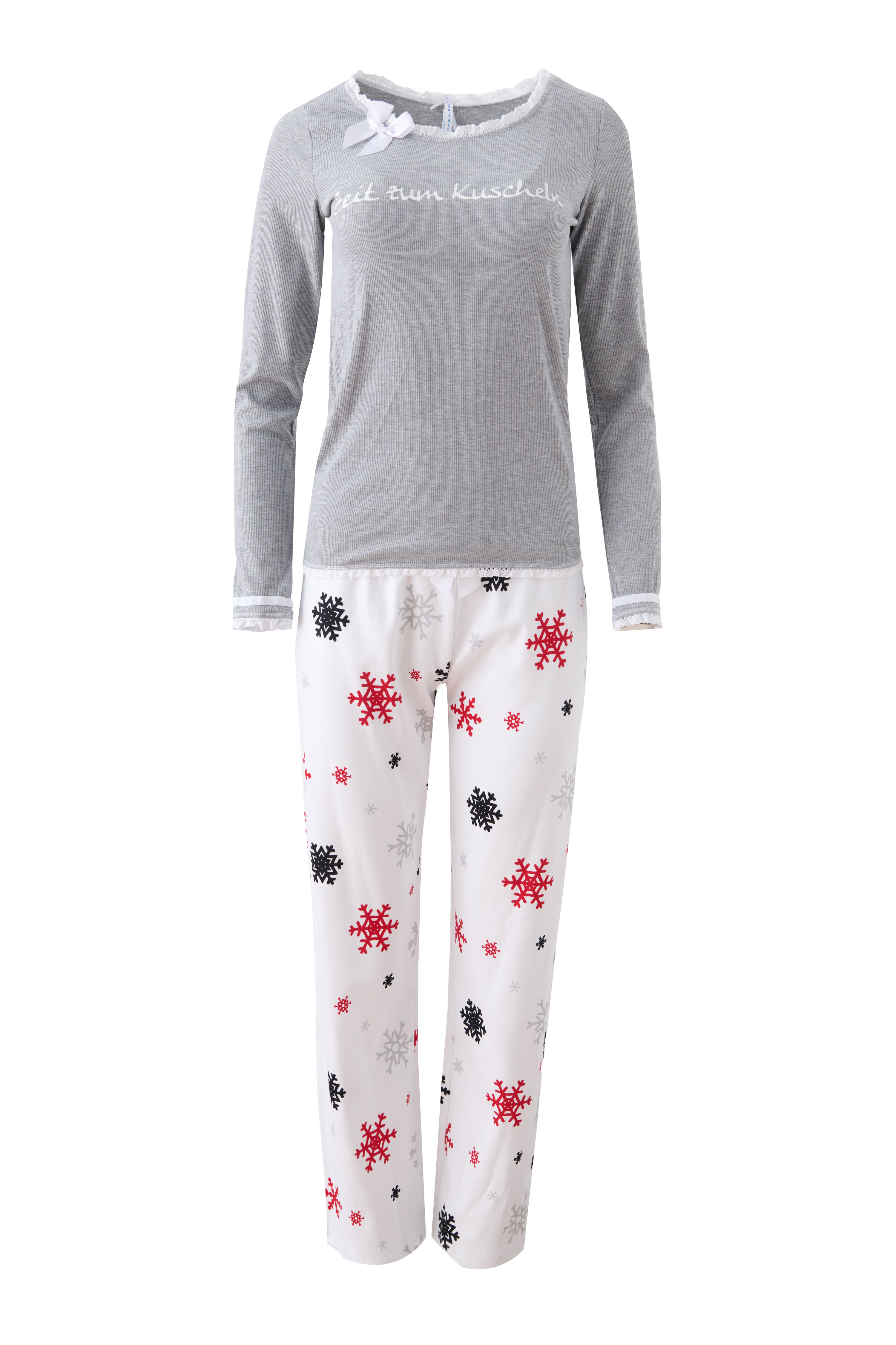 Pyjama Kinder "Winterzauber", grau Rippe / Schneeflocken allover