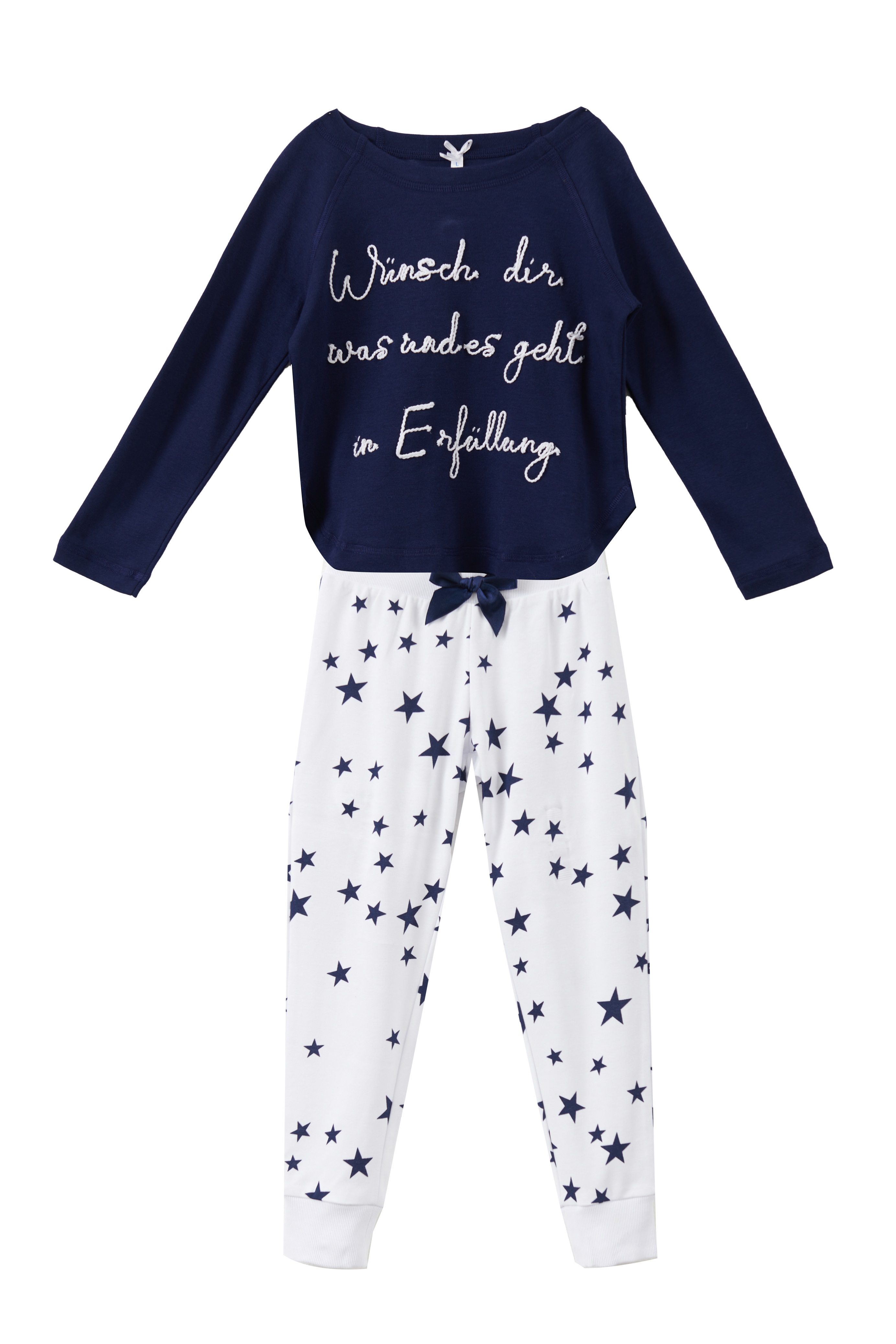Pyjama Kinder Bündchen "Wünsch dir was..", dunkelblau/ weiß allover
