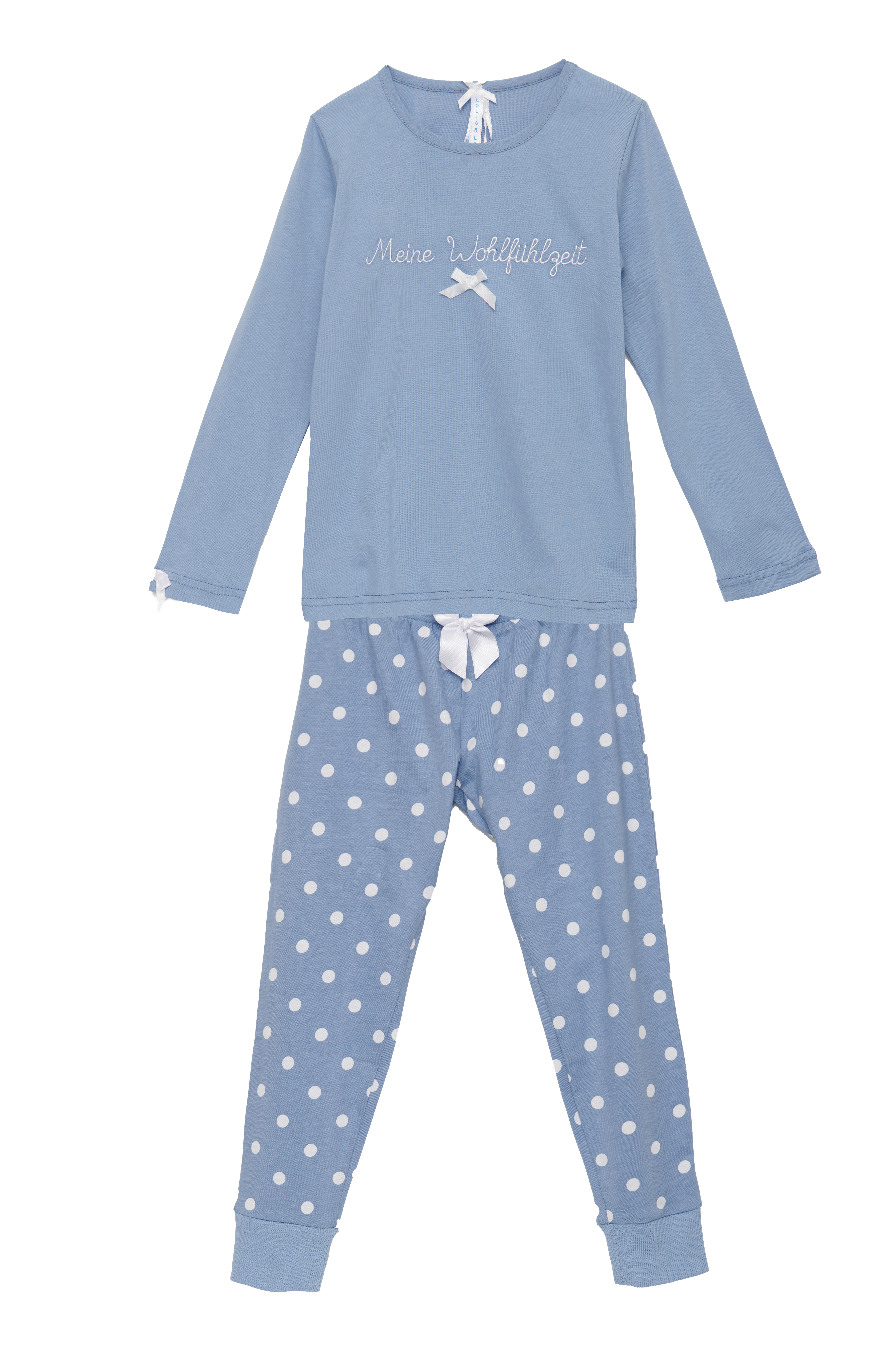 Pyjama Kinder Bündchen "Meine Wohlfühlzeit", blau / blau allover