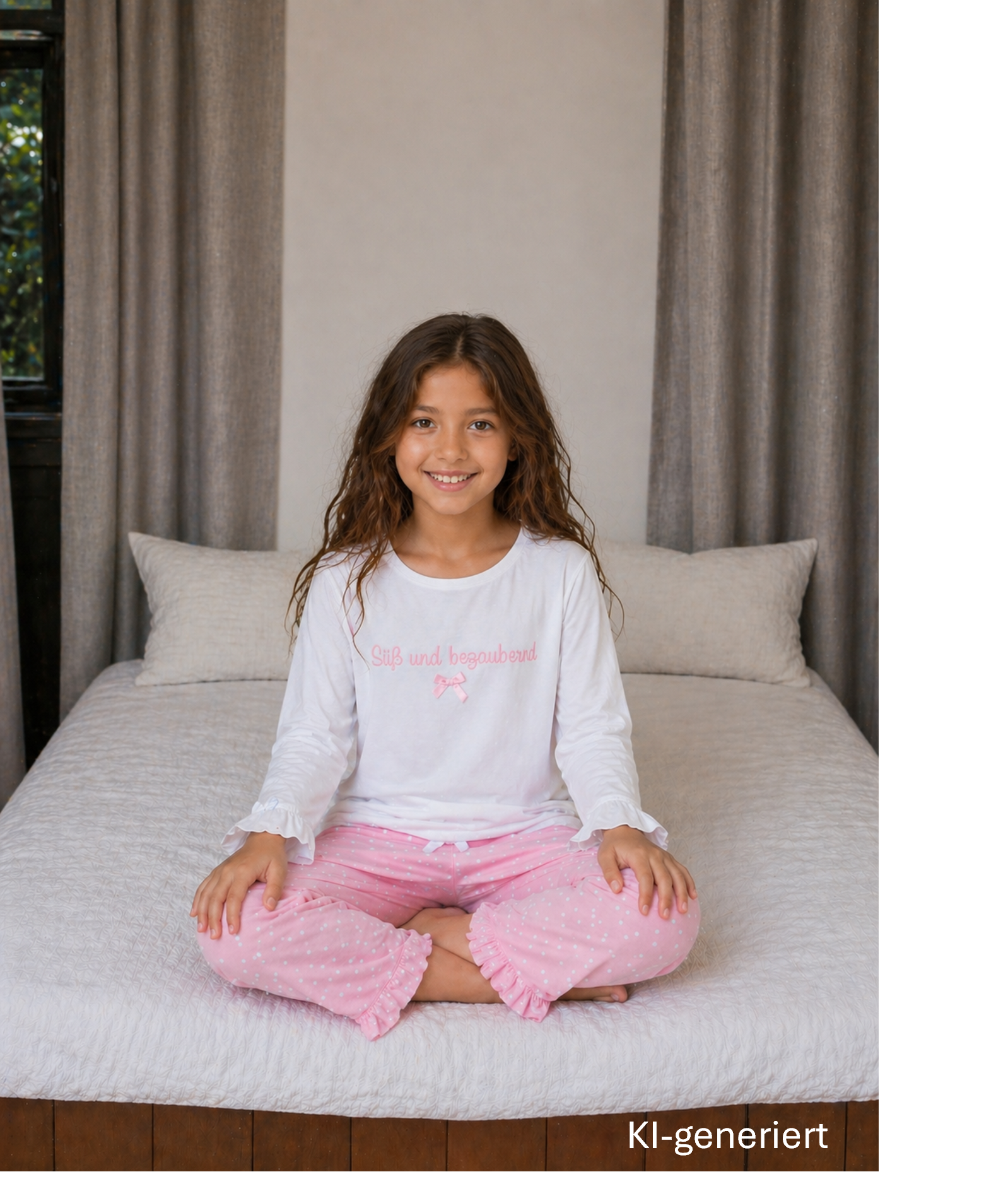Pyjama Basic Kinder "Süß und bezaubernd"  weiß / rosa Pünktchen
