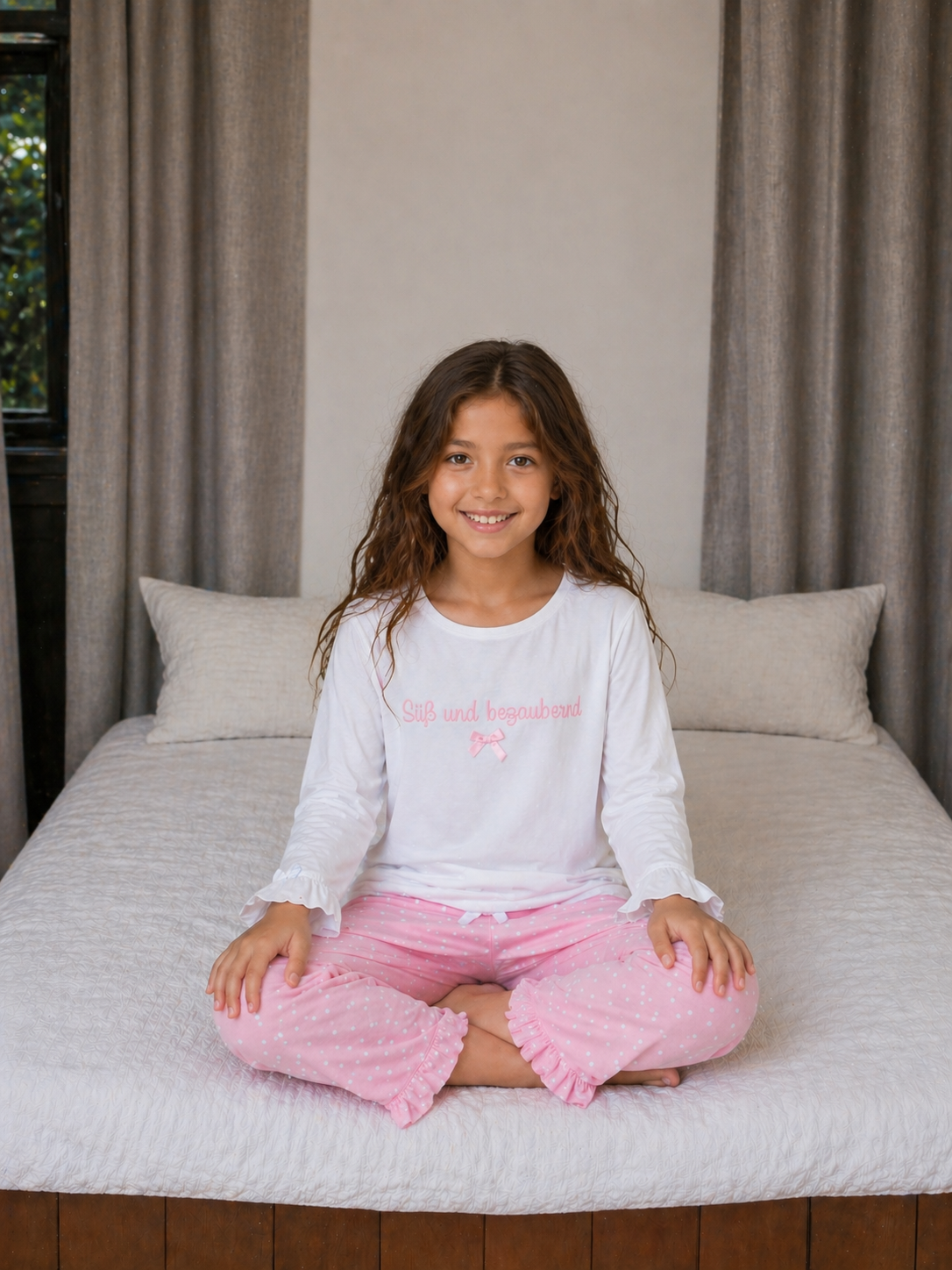 Pyjama Basic Kinder "Süß und bezaubernd"  weiß / rosa Pünktchen