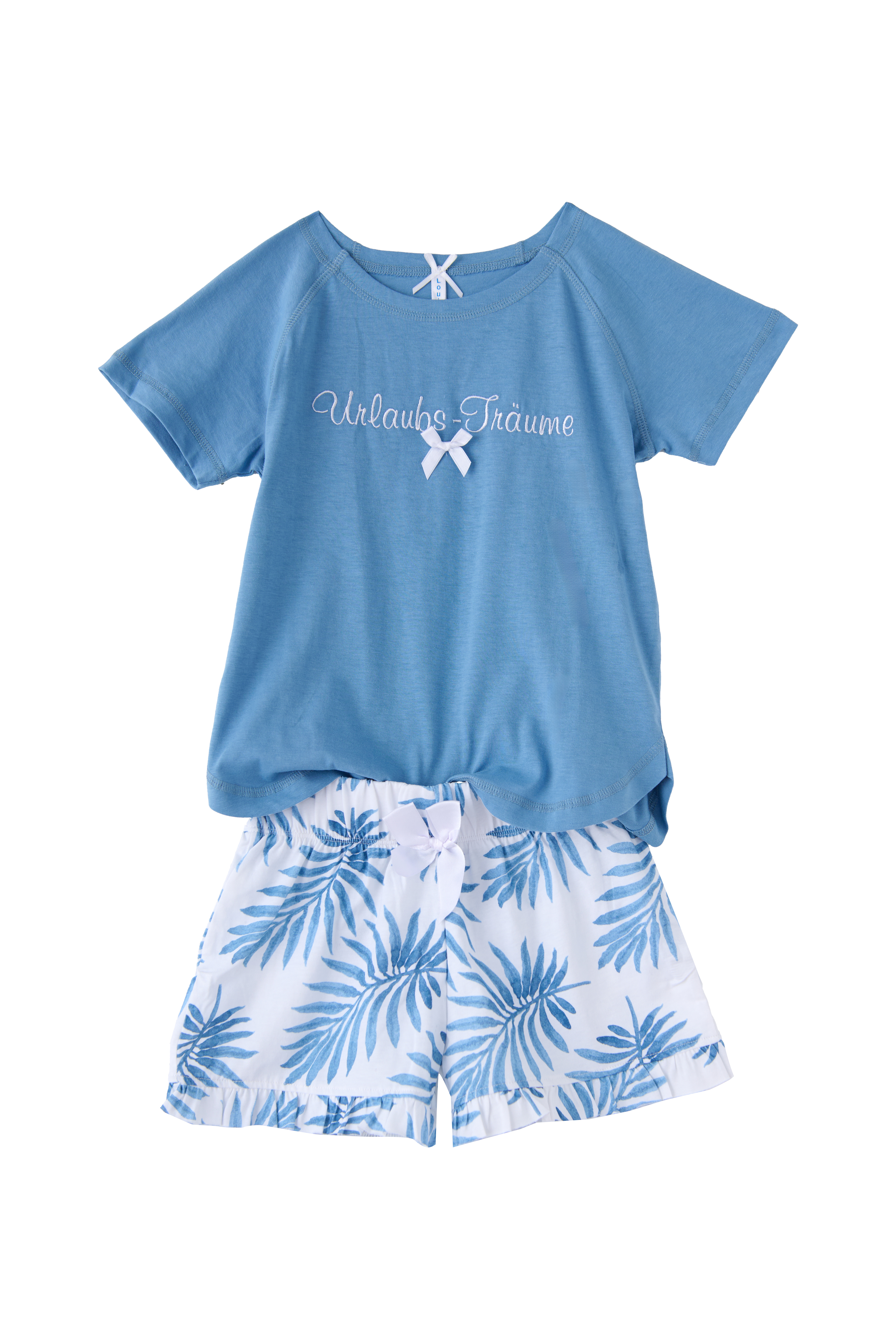 Short Set Kinder "Urlaubsträume"  blau / Blätter allover
