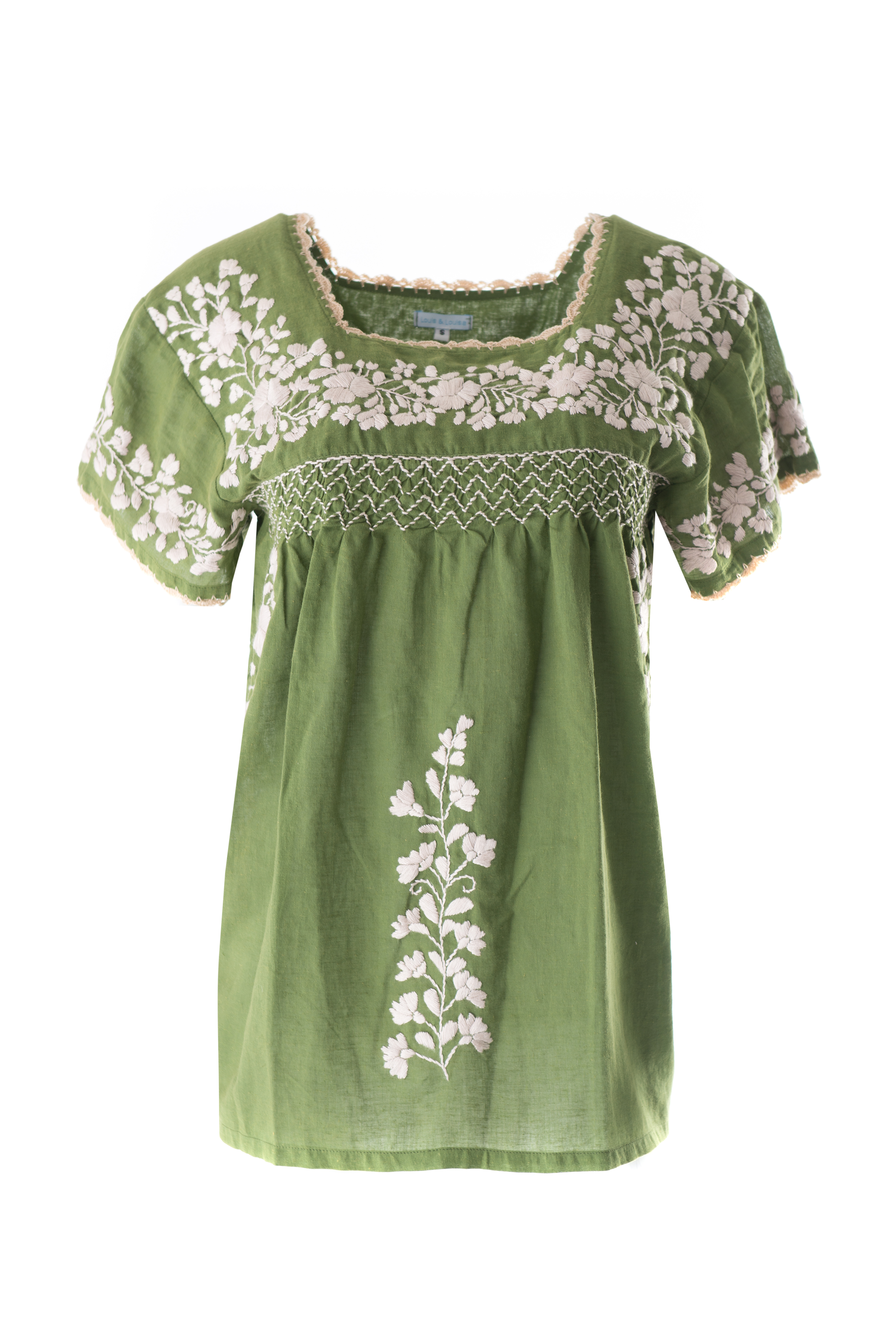 Bluse handbestickt, Damen, grün / natur