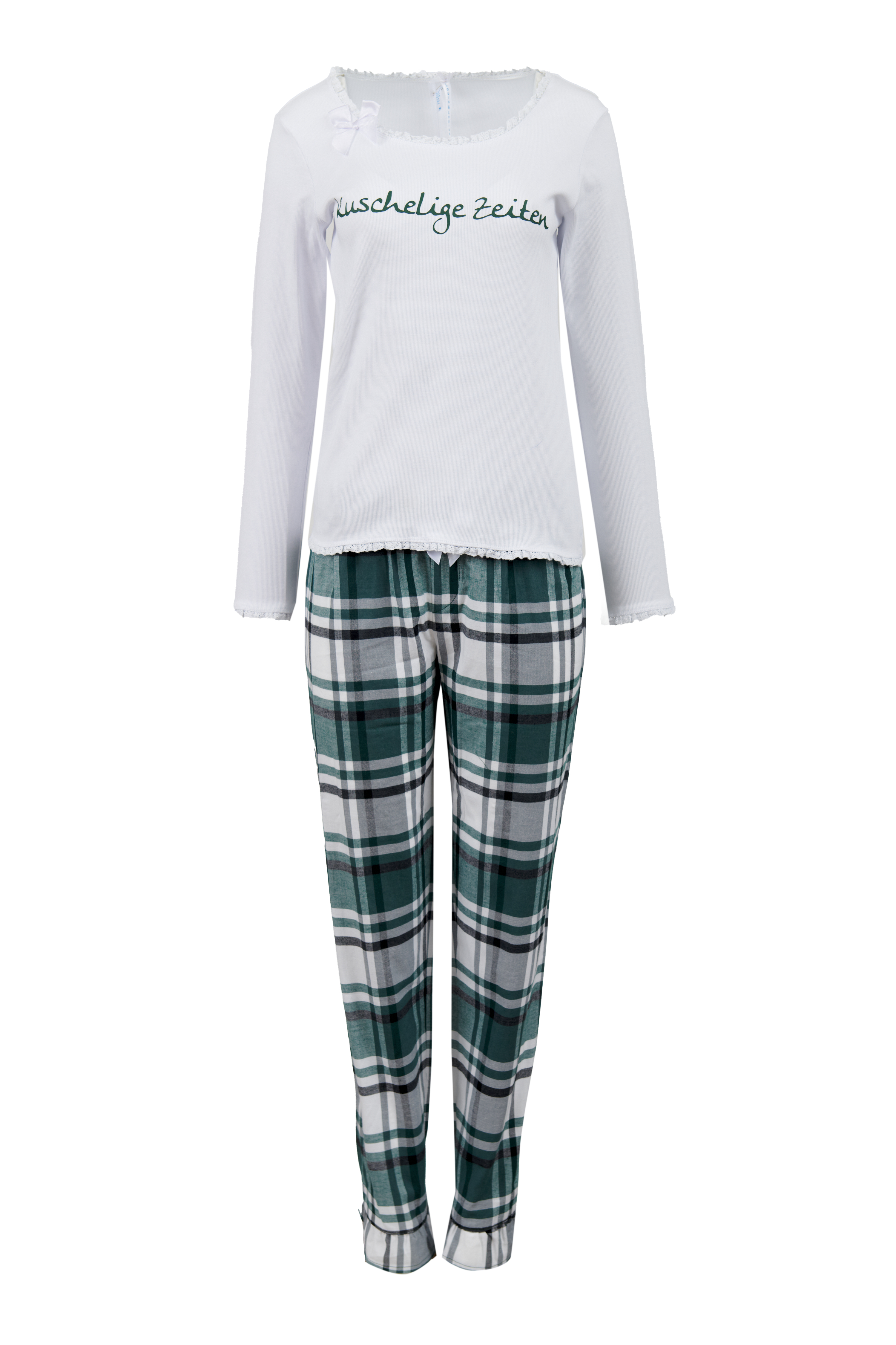 Pyjama Damen Basic "Kuschelige Zeiten", weiß Rippe/ Flanell