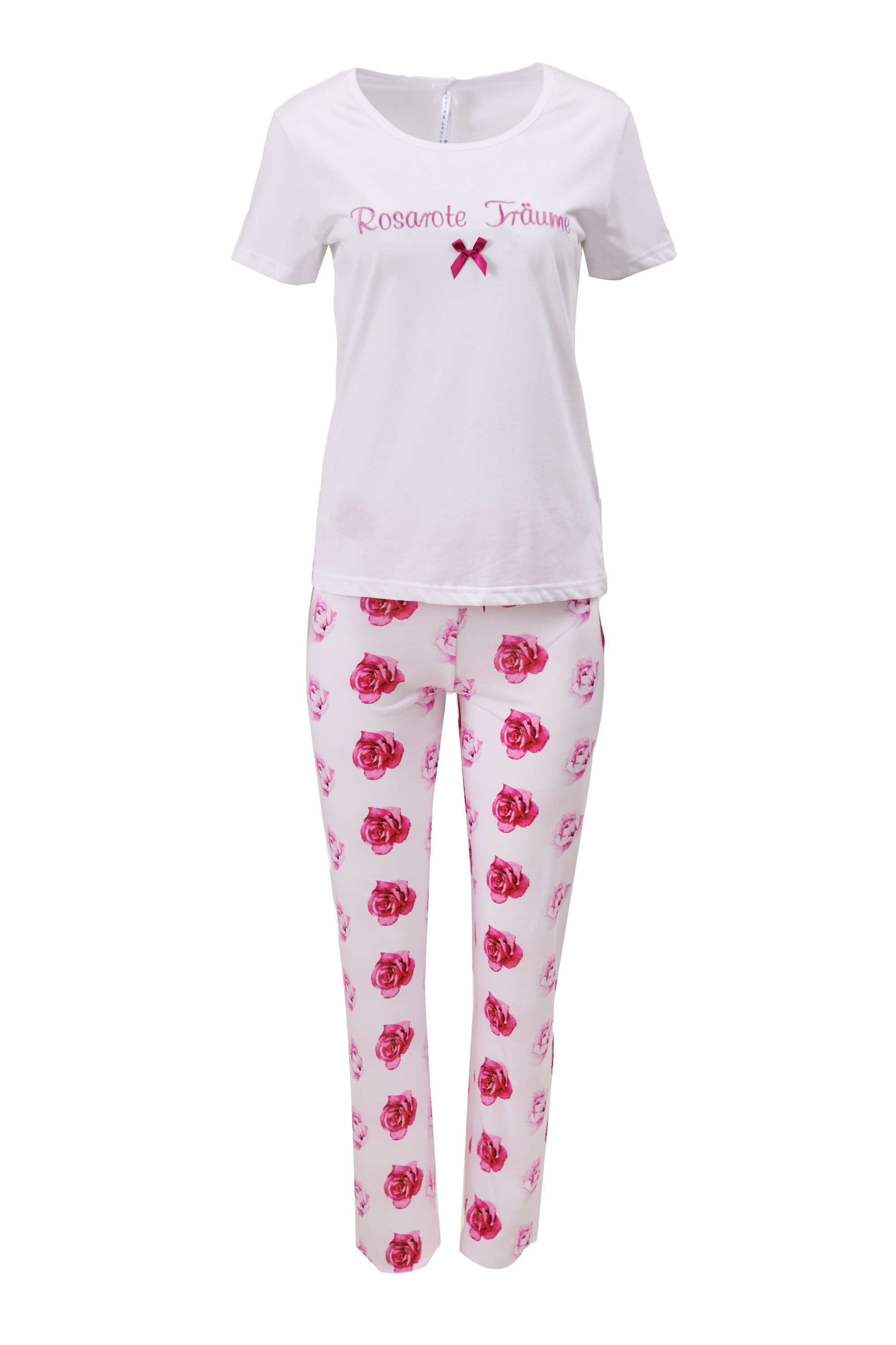 Pyjama Damen Basic "Rosarote Träume", weiß/ weiß allover
