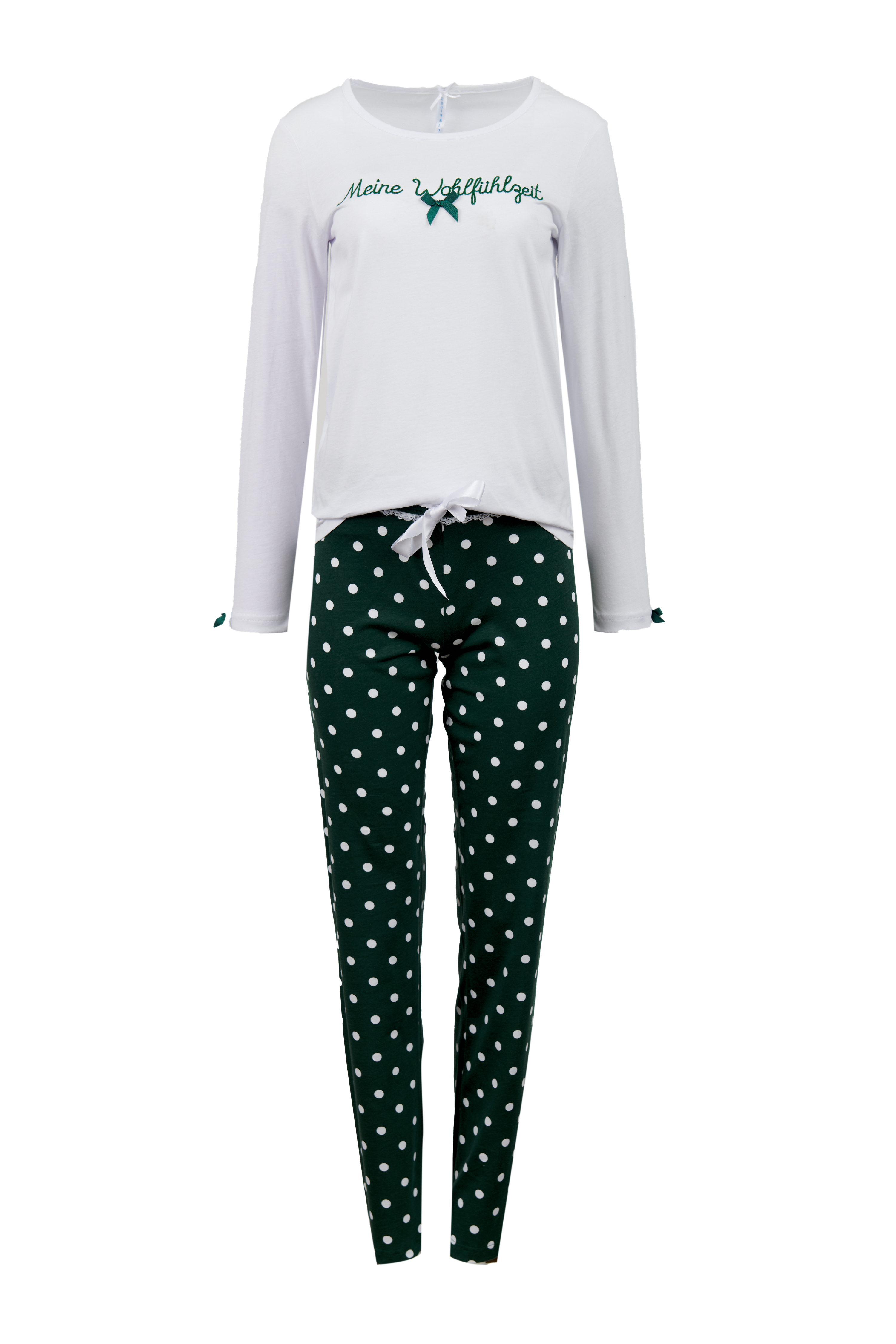 Pyjama Damen Basic "Meine Wohlfühlzeit", weiß/grün allover