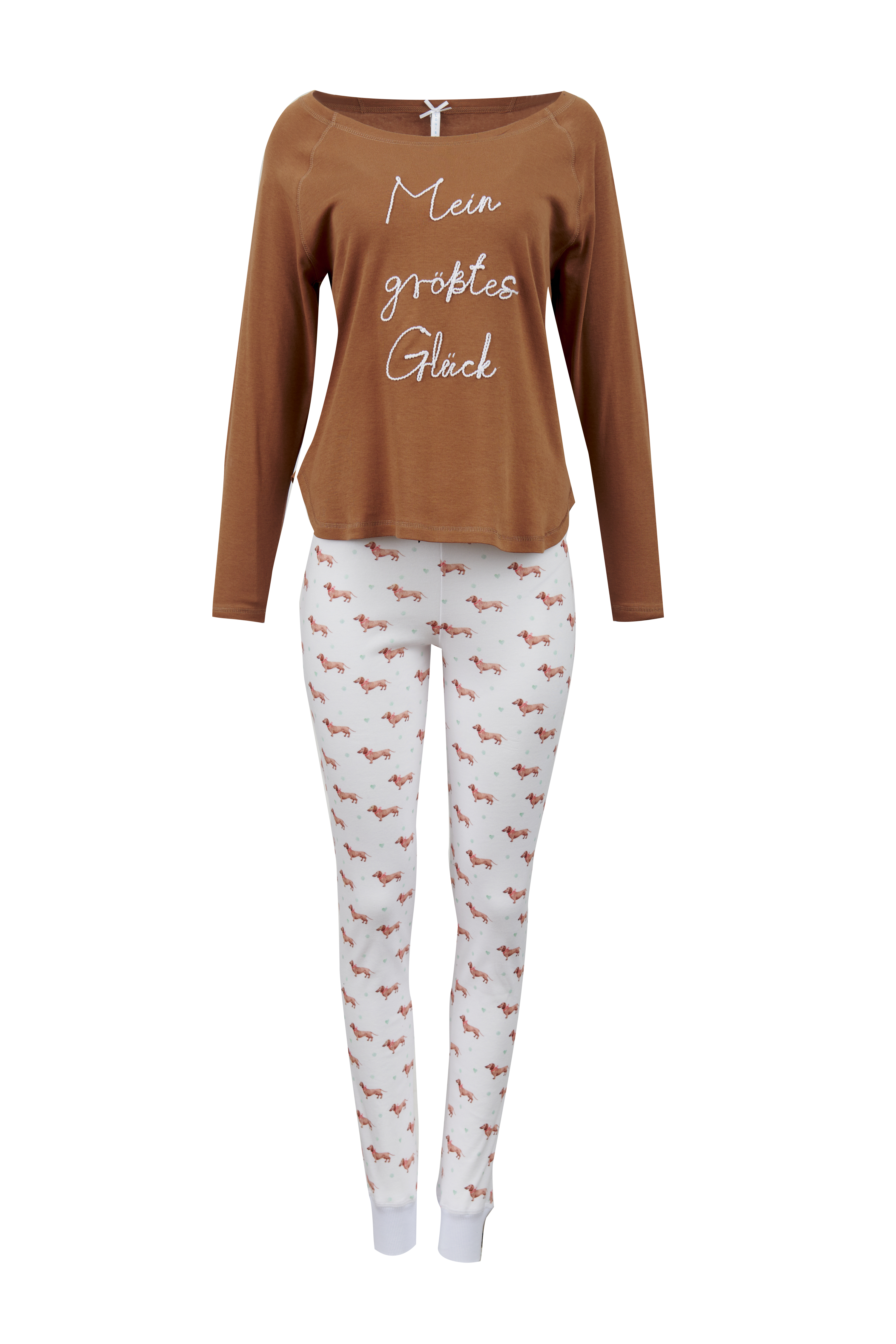 Pyjama Damen Bündchen "Mein größtes Glück" camel/ Dackel allover