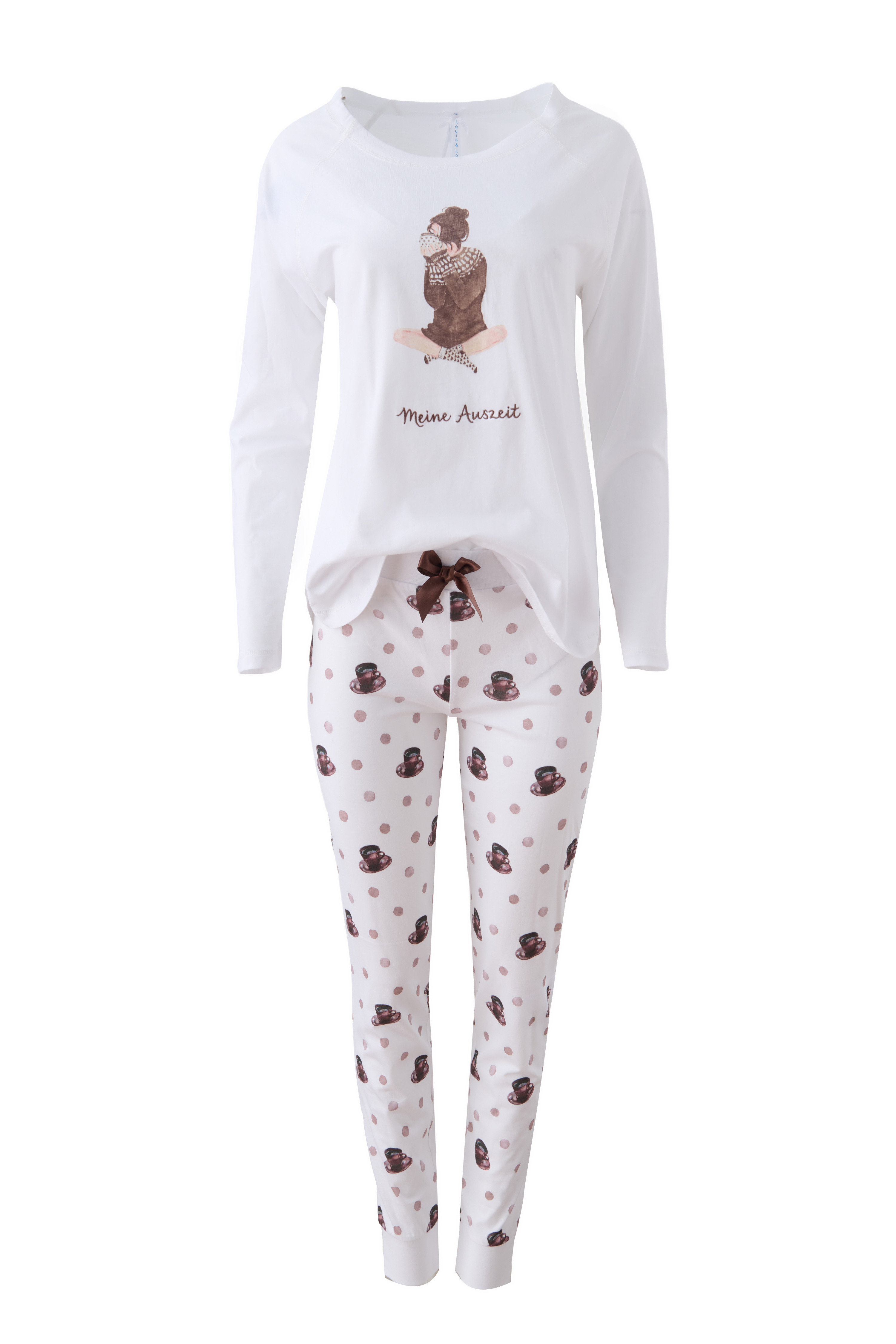 Pyjama Bündchen "Mädchen mit Kaffee", weiß / braun allover