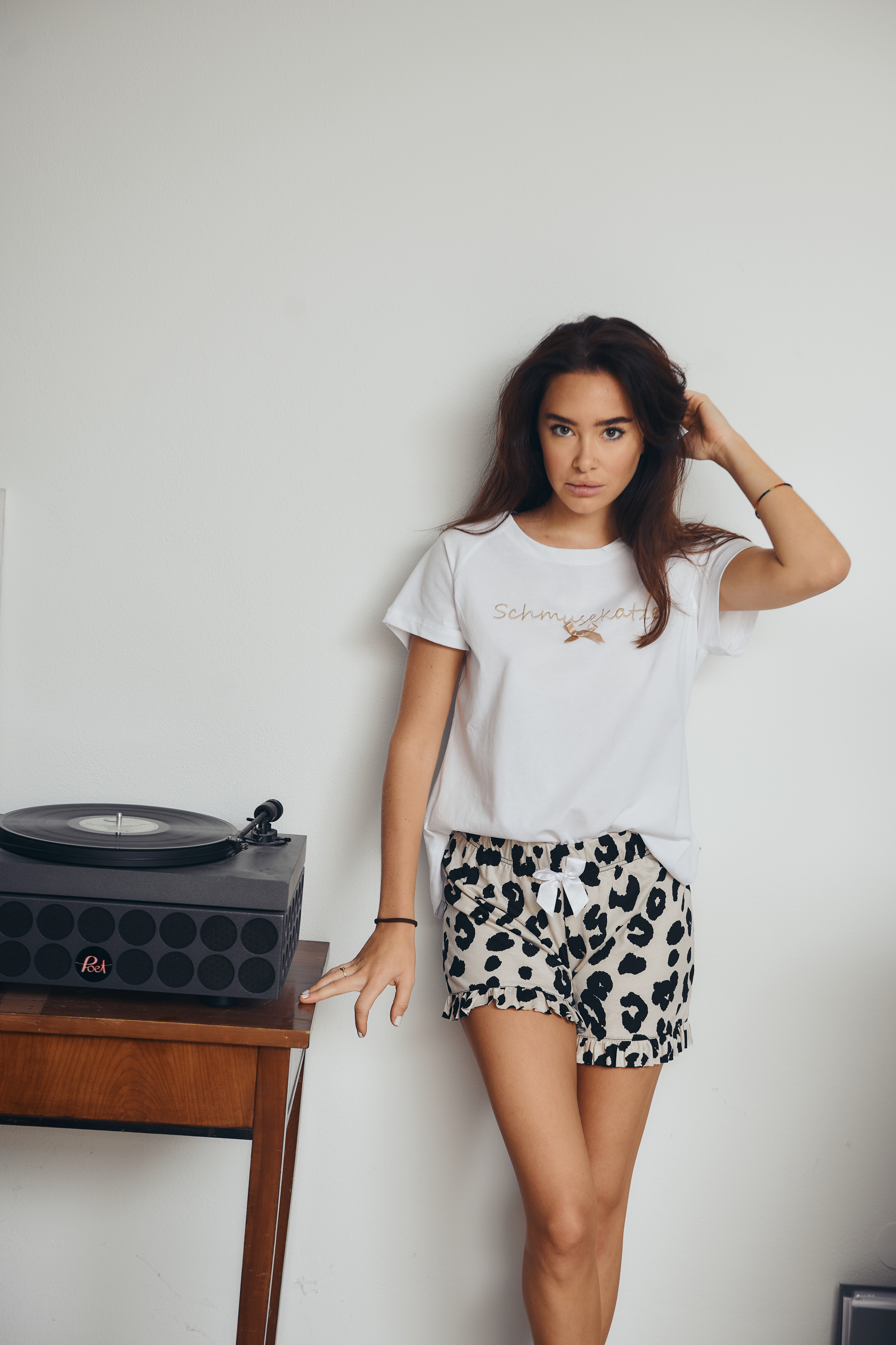 Short Set Damen "Schmusekatze", weiß / Leo allover