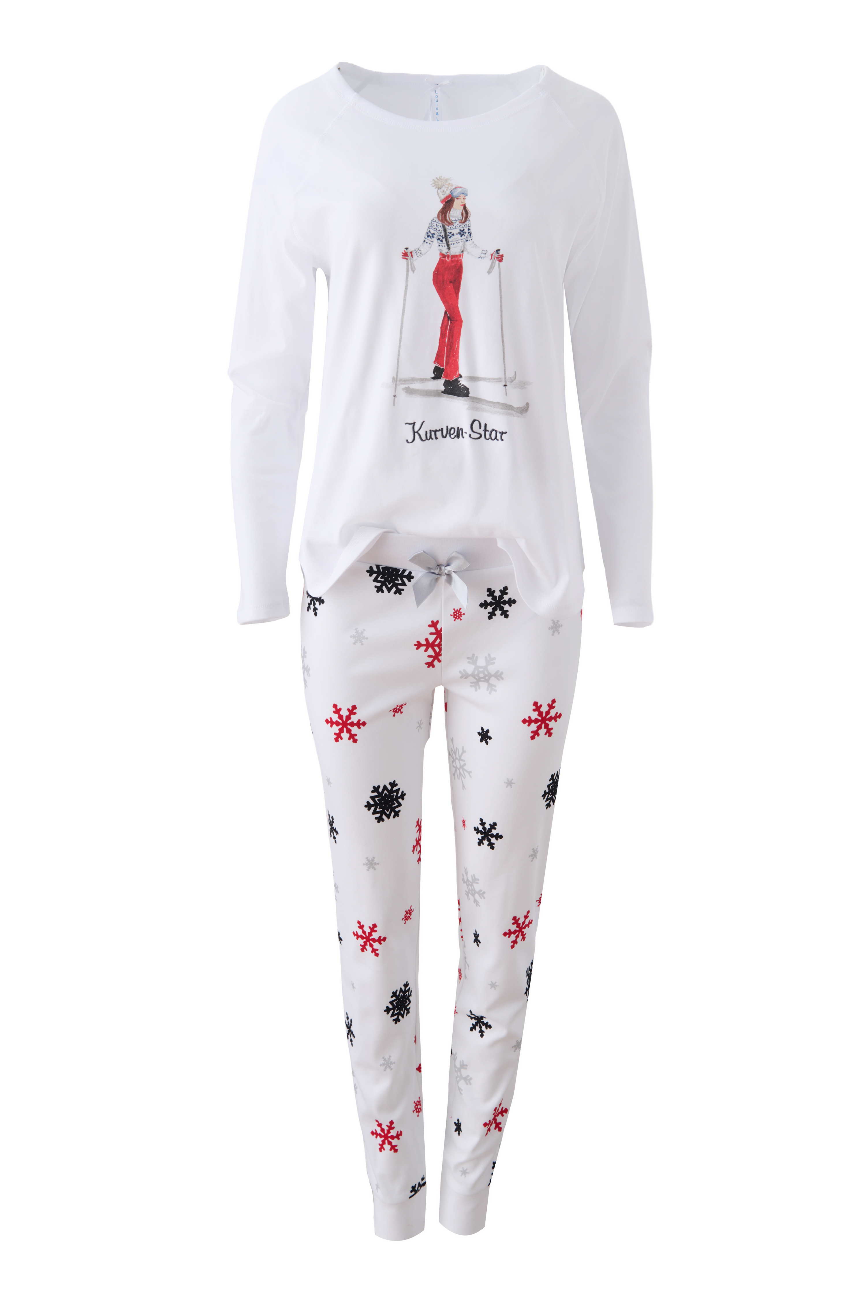 Pyjama Bündchen "Kurvenstar", weiß / Schneeflocken allover