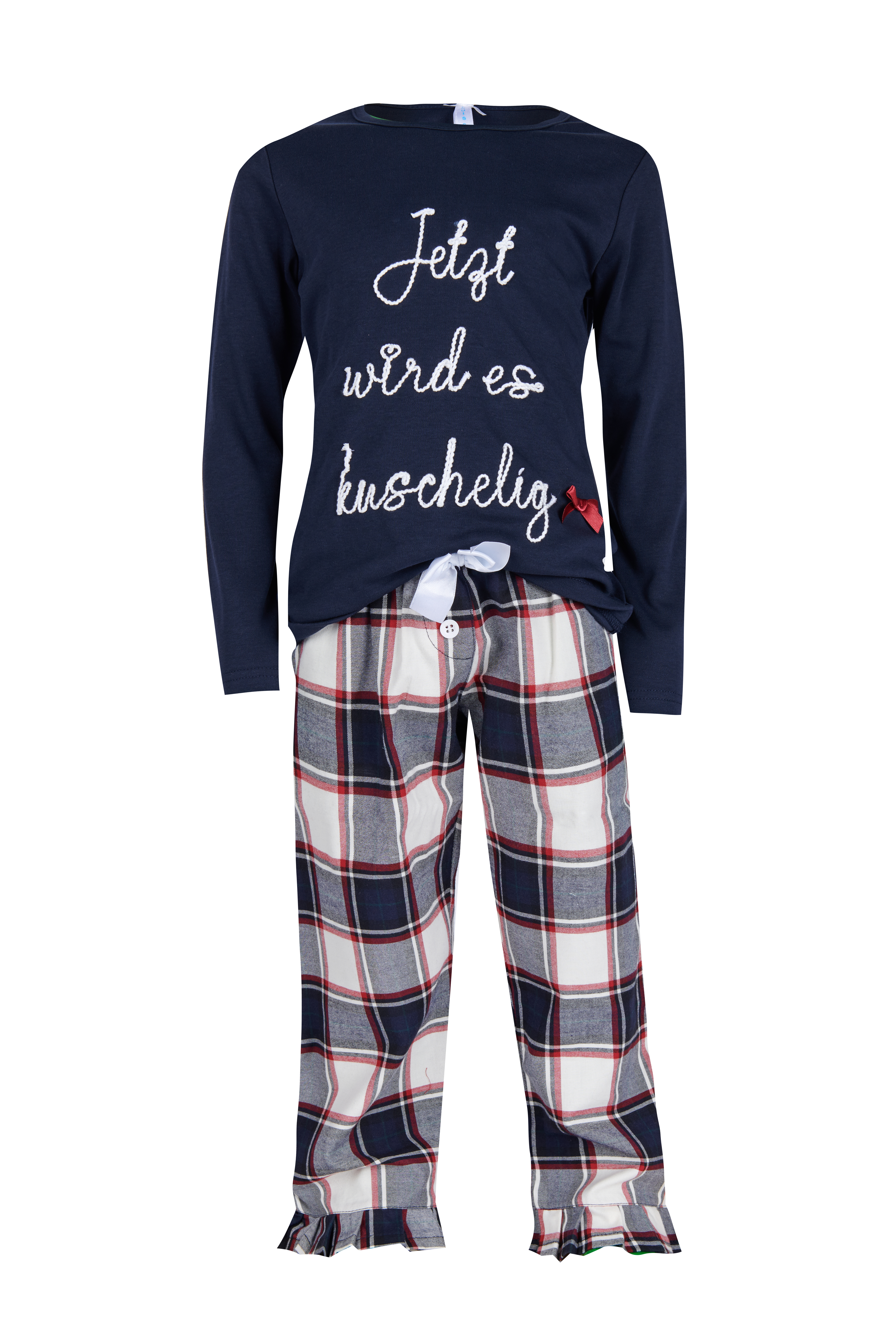 Pyjama Kinder Basic "Jetzt wird es kuschelig", blau / flanell mit Rüschen