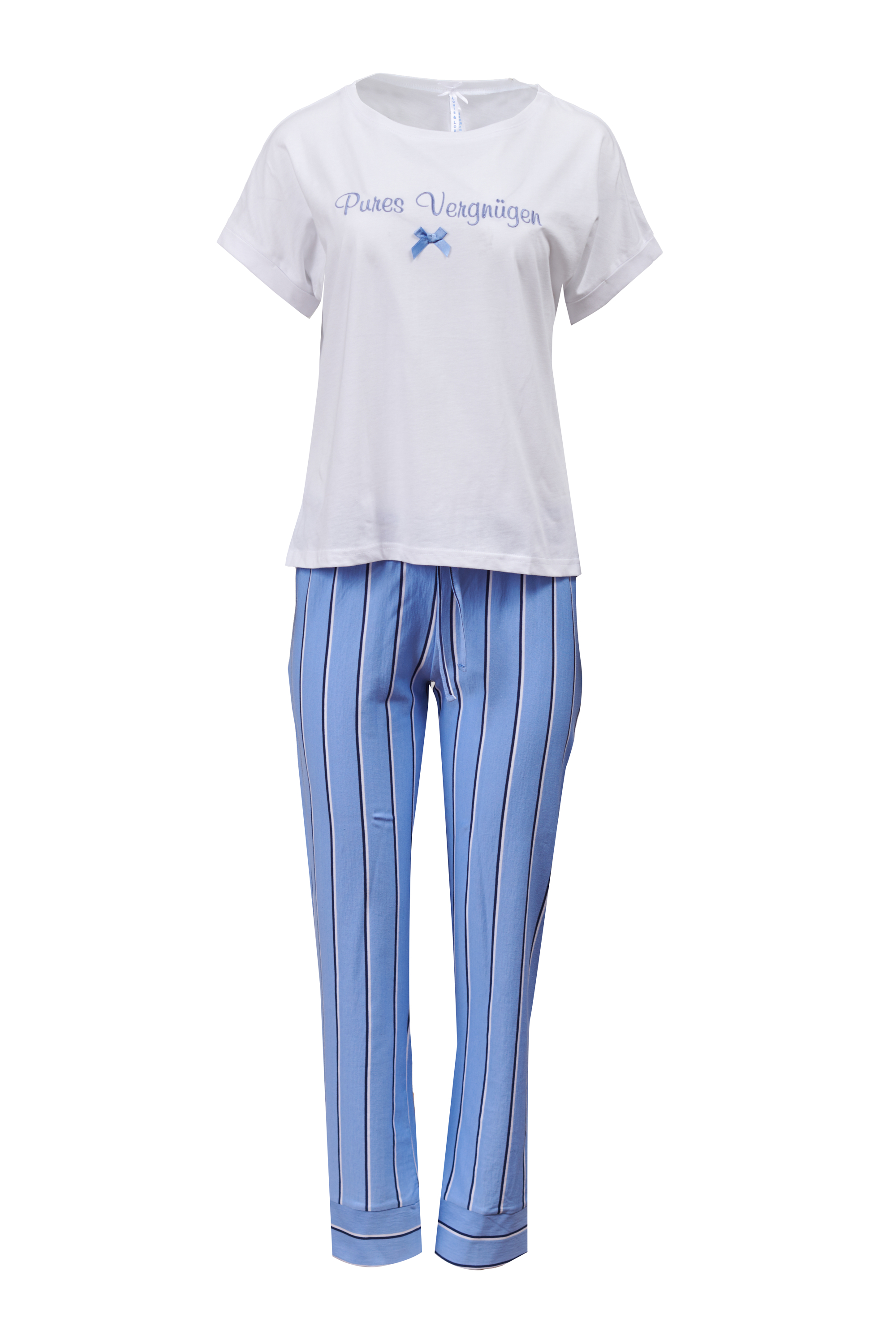 Pyjama Damen Basic "Pures Vergnügen", weiß/ blau gestreift