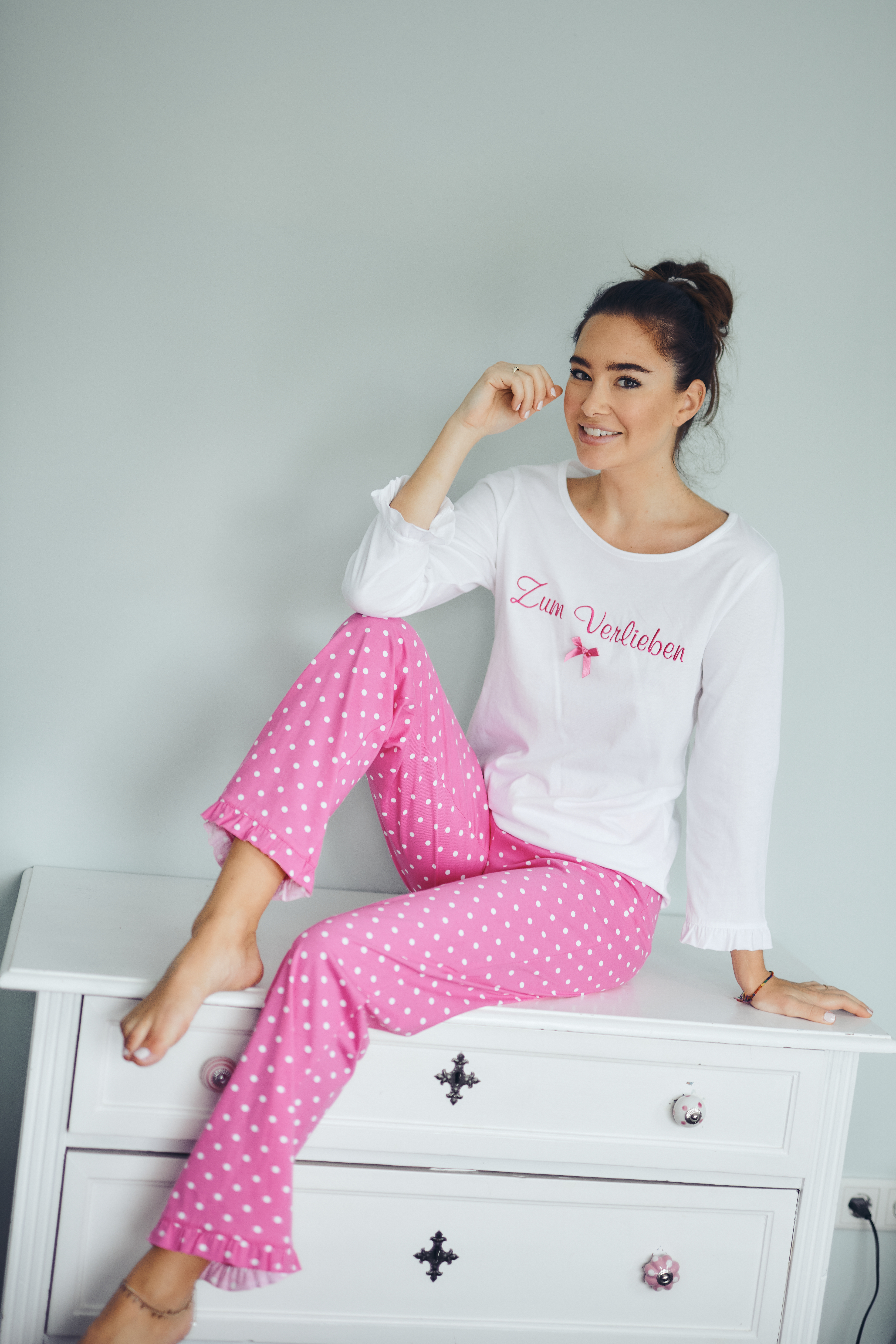 Pyjama Basic Damen "Zum Verlieben", weiß / pink allover