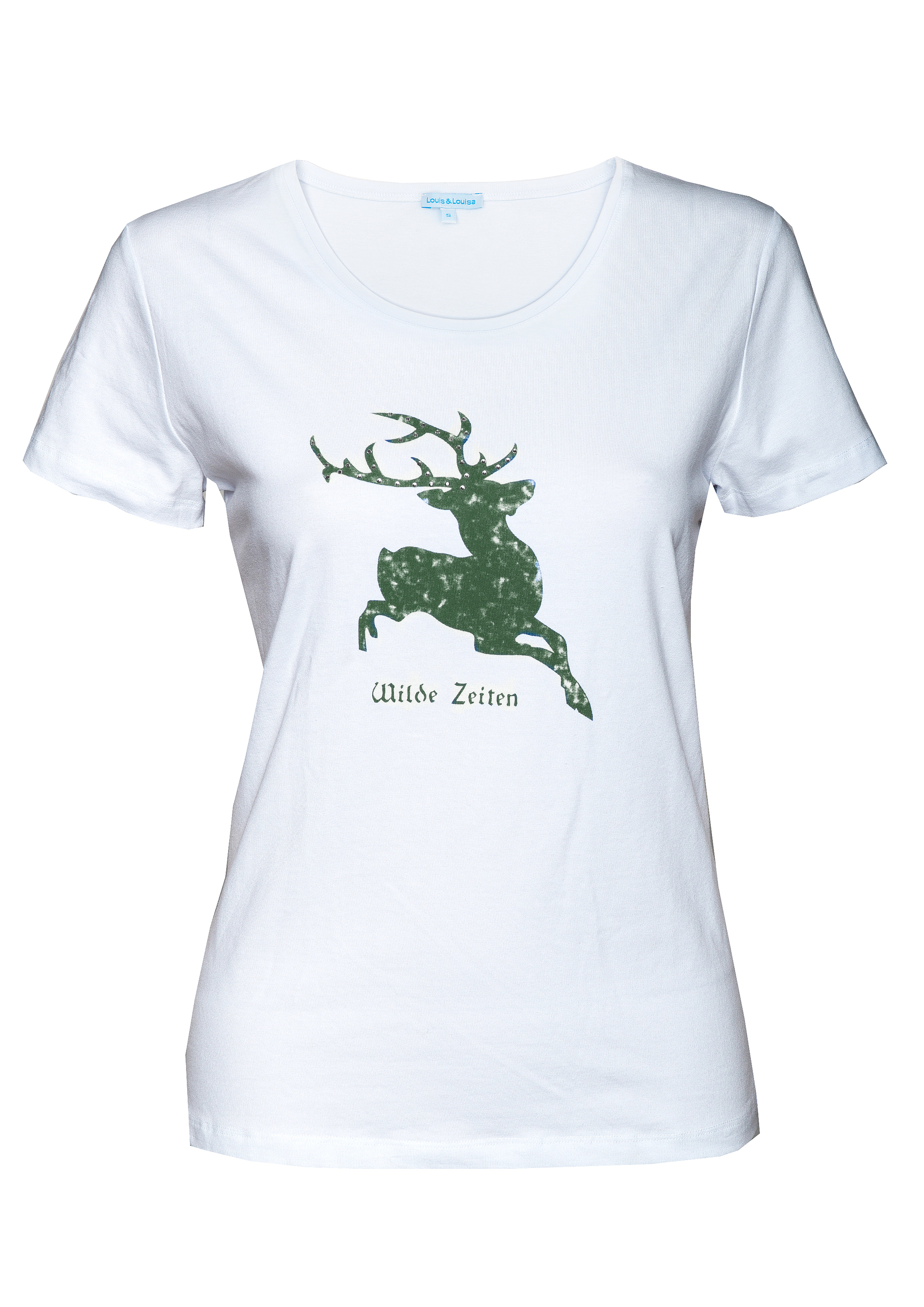 Hirsch Camouflage, Damenshirt weiß mit dunkelgrün, kurzarm