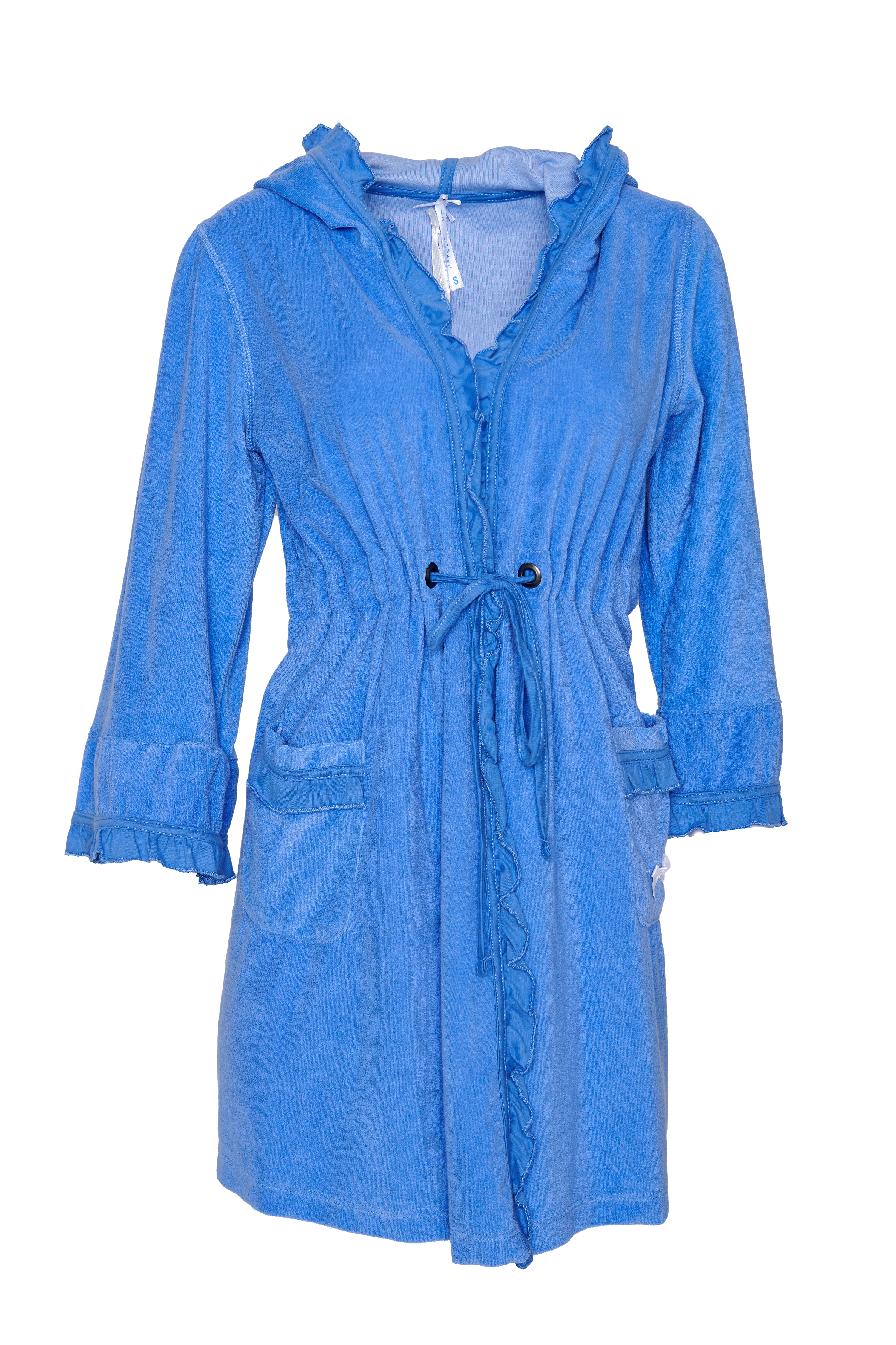 Bademantel Damen, blau mit Rüsche, KURZ