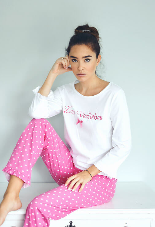 Bild Pyjama Basic Damen Zum Verlieben, weiß / pink allover